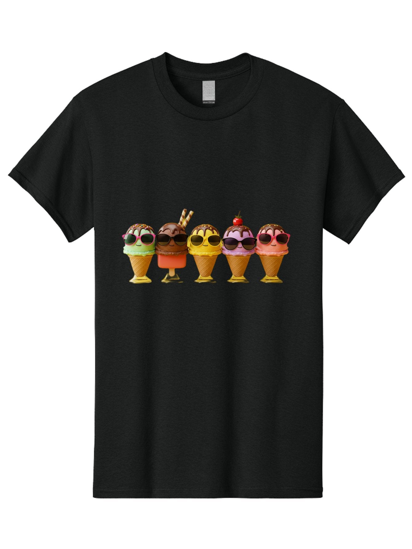 Cool-Ice-Cream-Cones Men'S Graphic Tee, 100% Cotton, Comfortable Casual Summer Wear, Machine Washable, Ice Cream Cones, Sunglasses, Cartoon Characters, Colorful Desserts, Sweet Treats, Fun Food, Happy Vibes, Summer Fun, Cool Cones Baa402 5