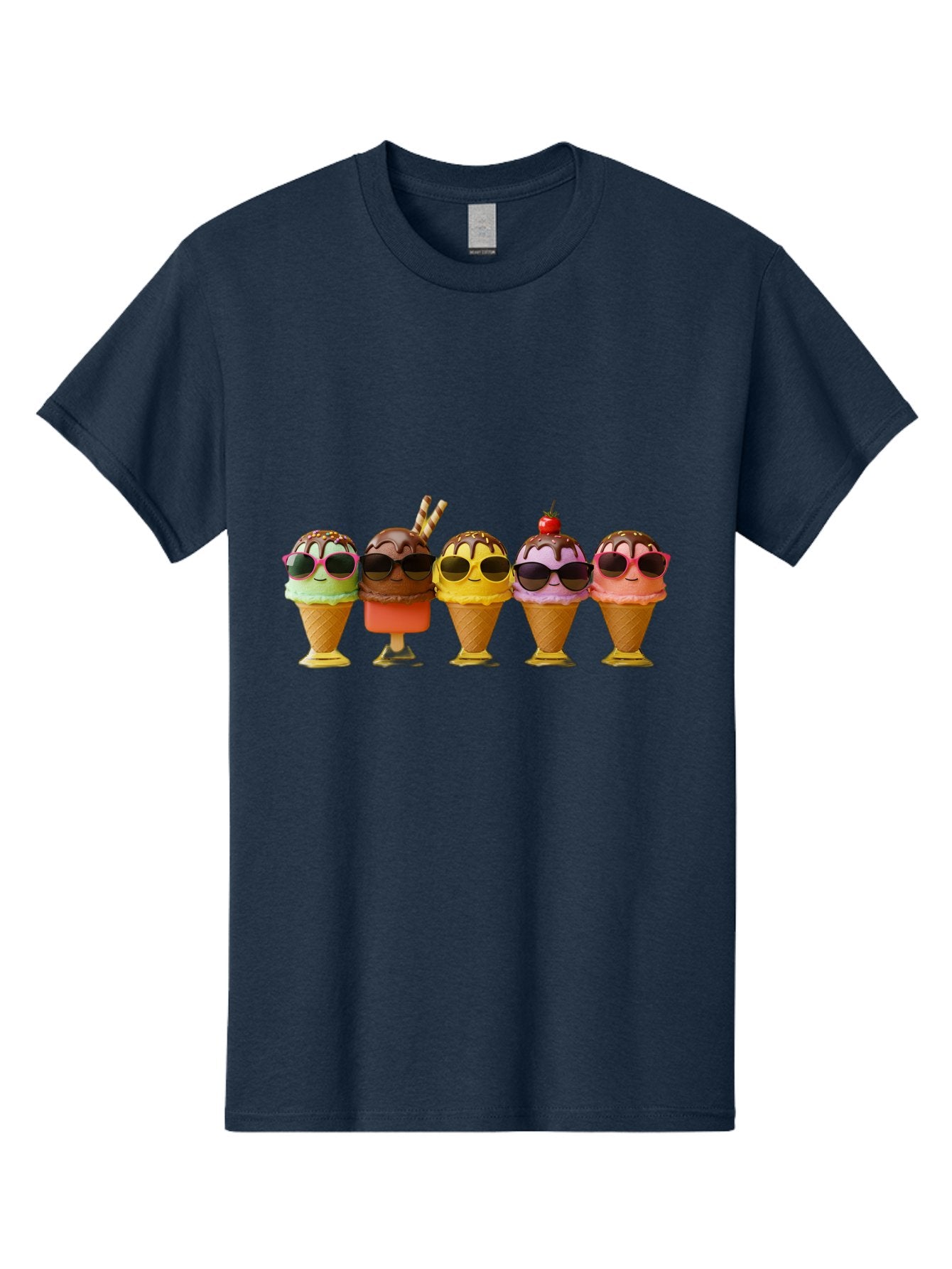 Cool-Ice-Cream-Cones Men'S Graphic Tee, 100% Cotton, Comfortable Casual Summer Wear, Machine Washable, Ice Cream Cones, Sunglasses, Cartoon Characters, Colorful Desserts, Sweet Treats, Fun Food, Happy Vibes, Summer Fun, Cool Cones Baa402 10
