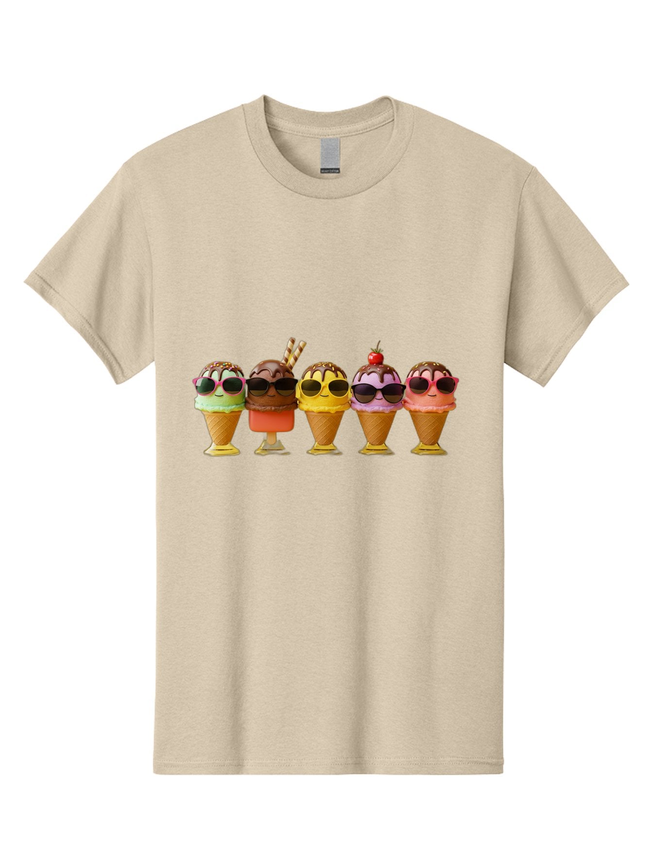 Cool-Ice-Cream-Cones Men'S Graphic Tee, 100% Cotton, Comfortable Casual Summer Wear, Machine Washable, Ice Cream Cones, Sunglasses, Cartoon Characters, Colorful Desserts, Sweet Treats, Fun Food, Happy Vibes, Summer Fun, Cool Cones Baa402 3