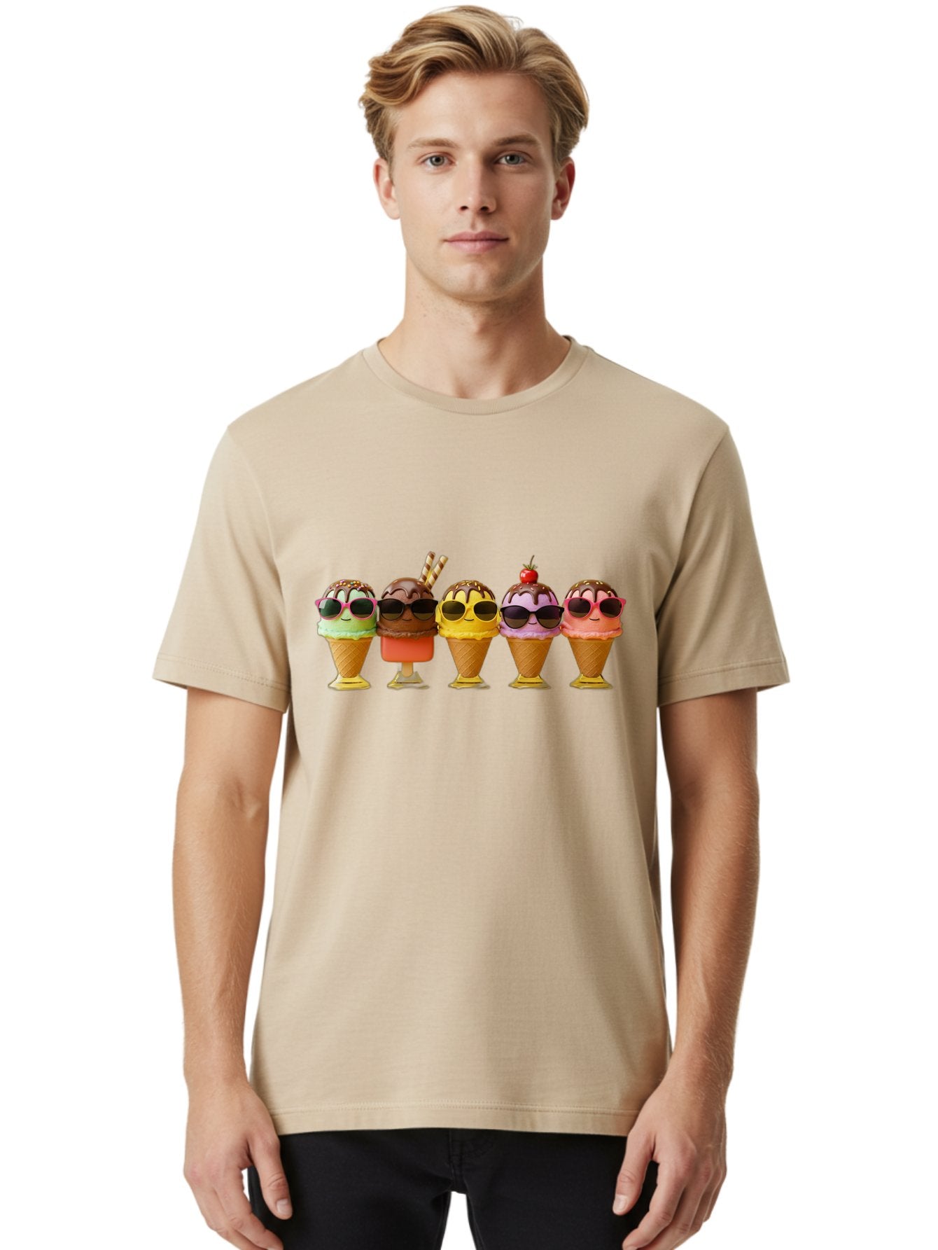 Cool-Ice-Cream-Cones Men'S Graphic Tee, 100% Cotton, Comfortable Casual Summer Wear, Machine Washable, Ice Cream Cones, Sunglasses, Cartoon Characters, Colorful Desserts, Sweet Treats, Fun Food, Happy Vibes, Summer Fun, Cool Cones Baa402 22