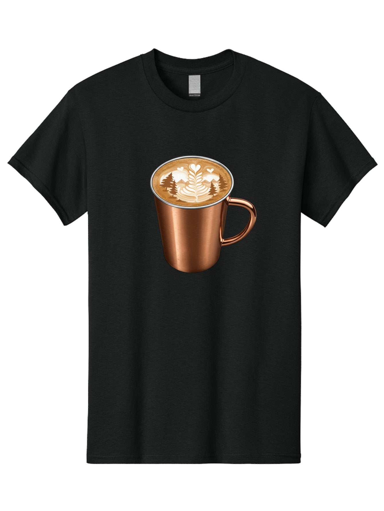 Copper-Coffee-Mug Men'S Graphic Tee, 100% Cotton, Comfortable Casual Summer Wear, Machine Washable, Latte Art, Coffee Drink, Copper Mug, Forest Design, Heart-Shaped Leaves, Coffee Culture, Specialty Coffee, Beverage, Morning Coffee Baa404