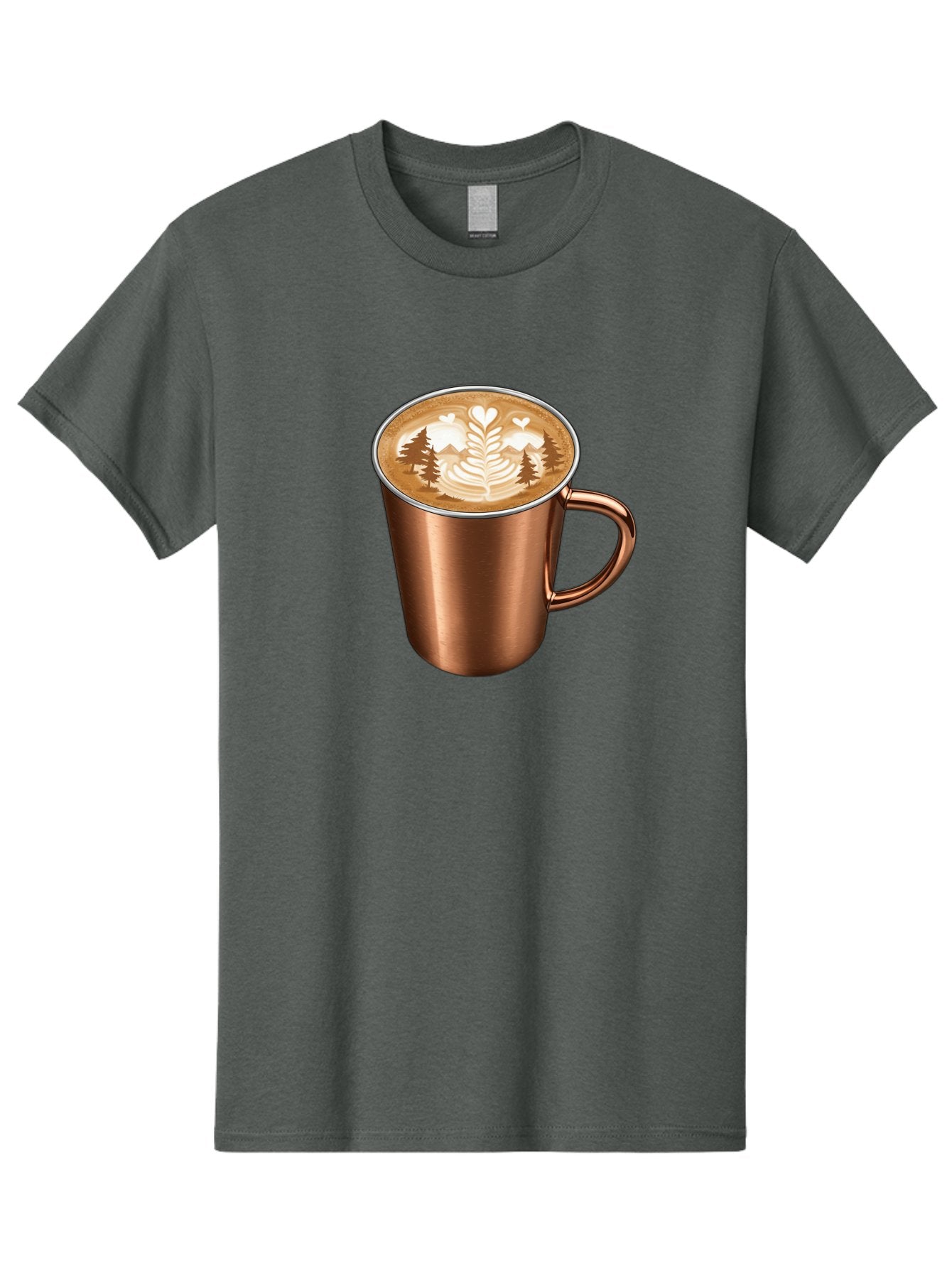 Copper-Coffee-Mug Men'S Graphic Tee, 100% Cotton, Comfortable Casual Summer Wear, Machine Washable, Latte Art, Coffee Drink, Copper Mug, Forest Design, Heart-Shaped Leaves, Coffee Culture, Specialty Coffee, Beverage, Morning Coffee Baa404 6