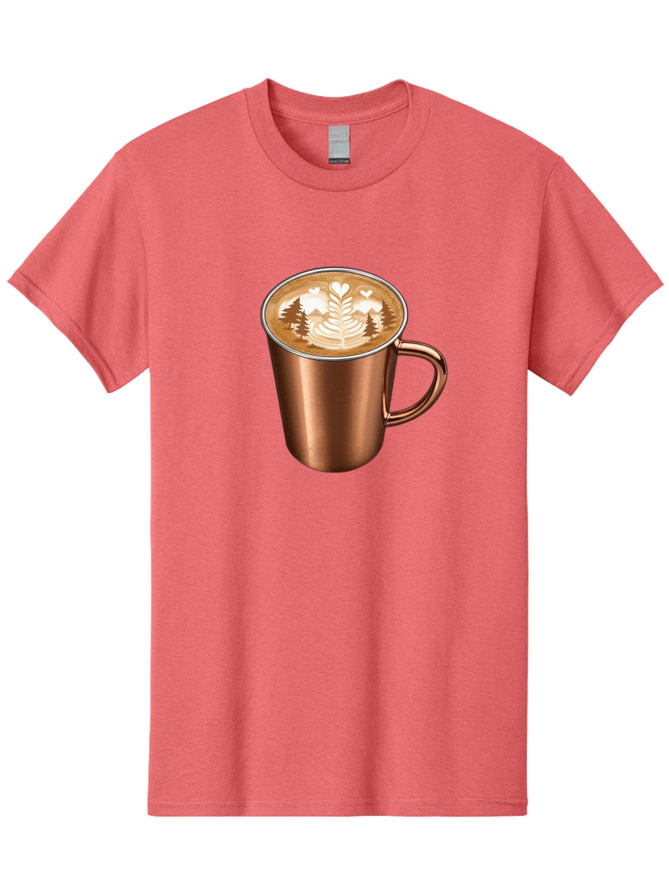 Copper-Coffee-Mug Men'S Graphic Tee, 100% Cotton, Comfortable Casual Summer Wear, Machine Washable, Latte Art, Coffee Drink, Copper Mug, Forest Design, Heart-Shaped Leaves, Coffee Culture, Specialty Coffee, Beverage, Morning Coffee Baa404