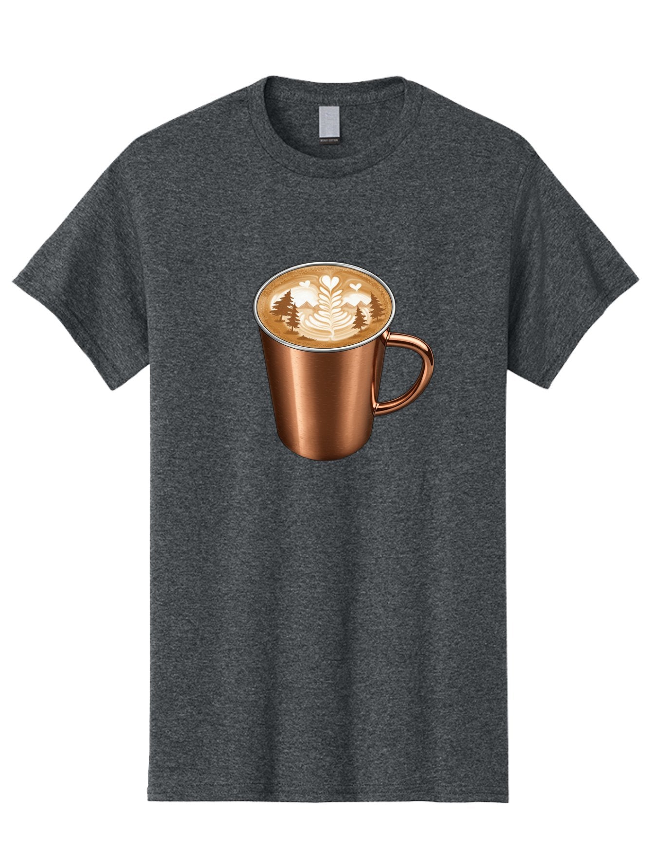Copper-Coffee-Mug Men'S Graphic Tee, 100% Cotton, Comfortable Casual Summer Wear, Machine Washable, Latte Art, Coffee Drink, Copper Mug, Forest Design, Heart-Shaped Leaves, Coffee Culture, Specialty Coffee, Beverage, Morning Coffee Baa404 7