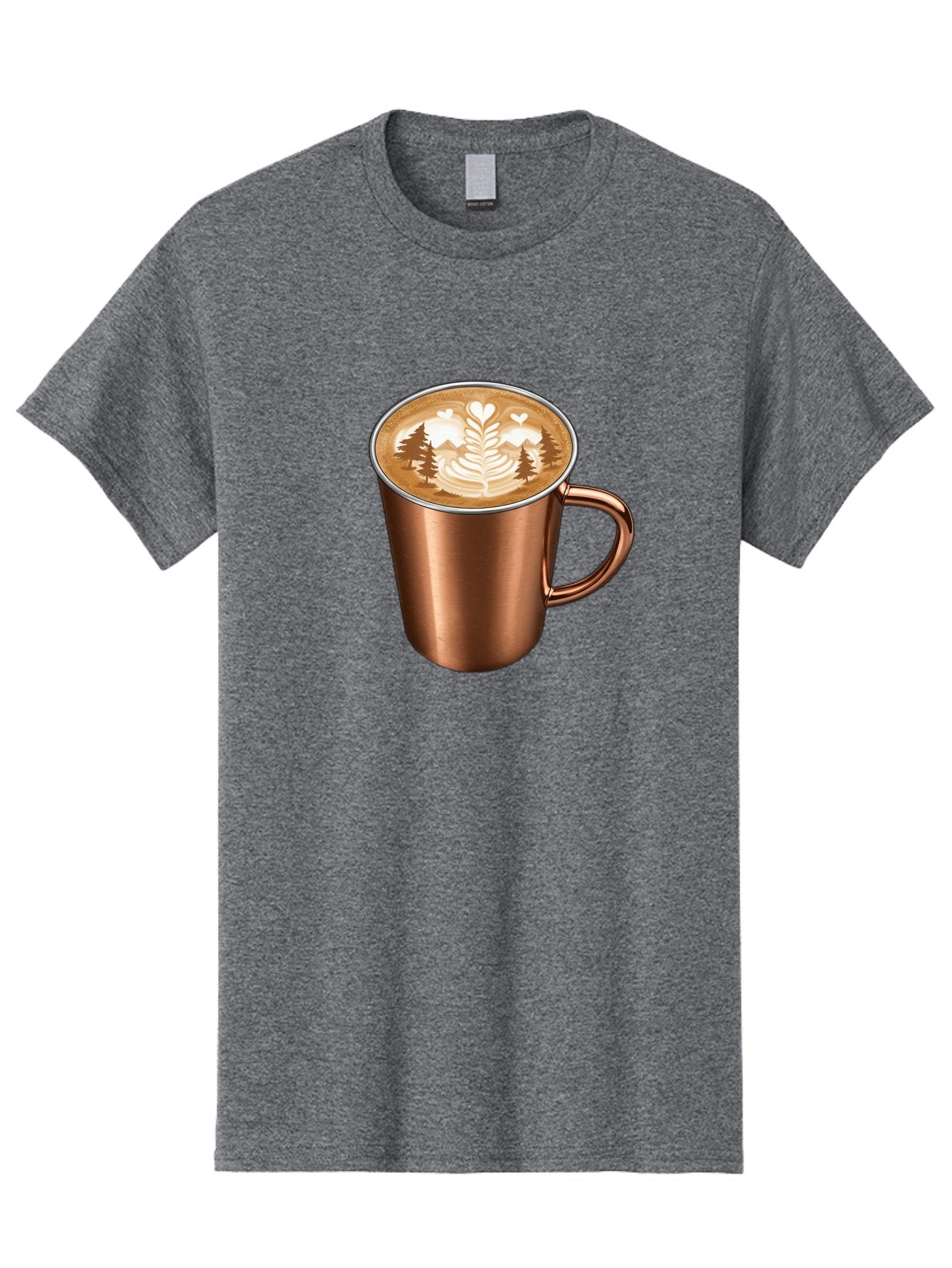 Copper-Coffee-Mug Men'S Graphic Tee, 100% Cotton, Comfortable Casual Summer Wear, Machine Washable, Latte Art, Coffee Drink, Copper Mug, Forest Design, Heart-Shaped Leaves, Coffee Culture, Specialty Coffee, Beverage, Morning Coffee Baa404 5