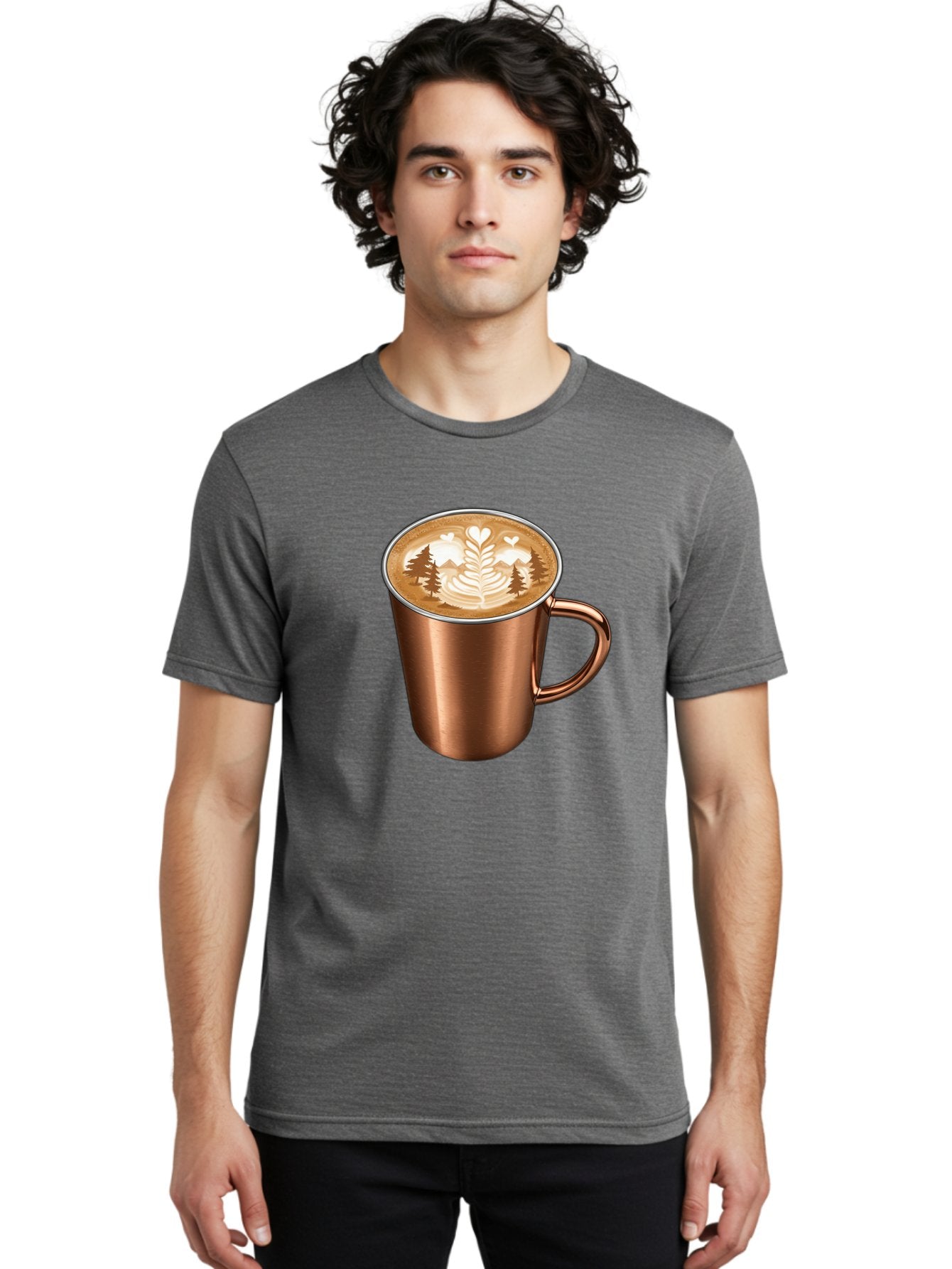 Copper-Coffee-Mug Men'S Graphic Tee, 100% Cotton, Comfortable Casual Summer Wear, Machine Washable, Latte Art, Coffee Drink, Copper Mug, Forest Design, Heart-Shaped Leaves, Coffee Culture, Specialty Coffee, Beverage, Morning Coffee Baa404 23