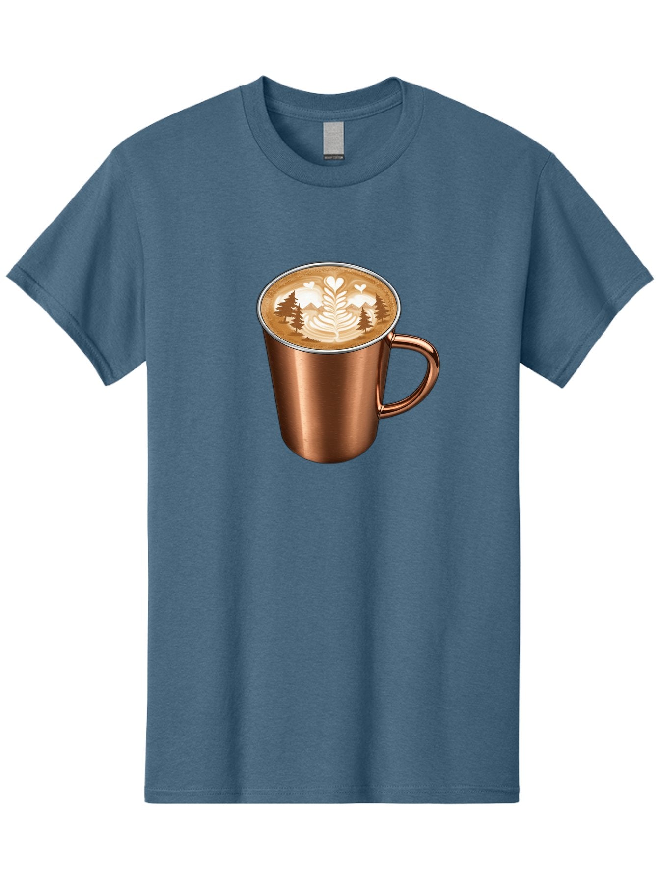 Copper-Coffee-Mug Men'S Graphic Tee, 100% Cotton, Comfortable Casual Summer Wear, Machine Washable, Latte Art, Coffee Drink, Copper Mug, Forest Design, Heart-Shaped Leaves, Coffee Culture, Specialty Coffee, Beverage, Morning Coffee Baa404 13