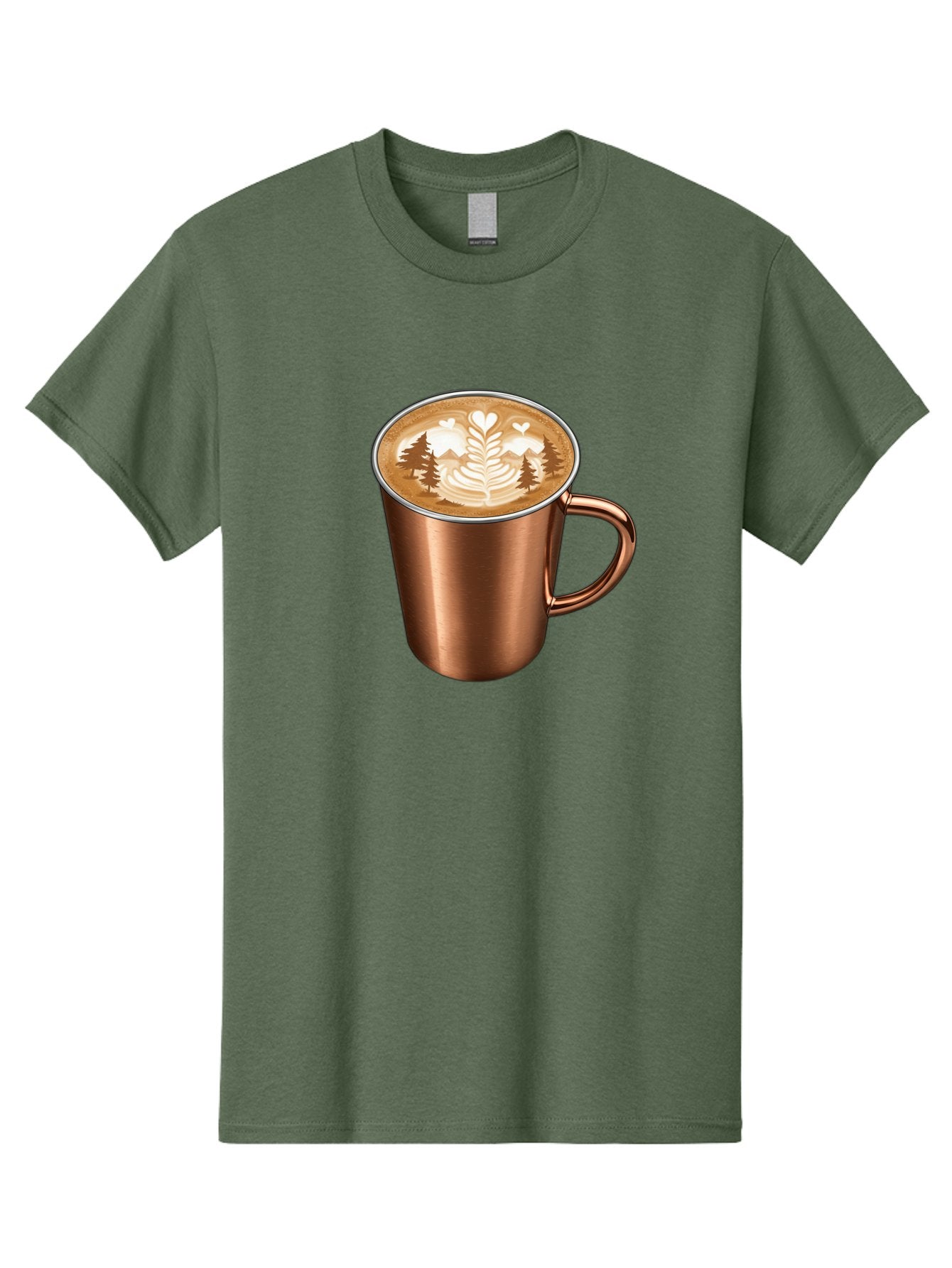 Copper-Coffee-Mug Men'S Graphic Tee, 100% Cotton, Comfortable Casual Summer Wear, Machine Washable, Latte Art, Coffee Drink, Copper Mug, Forest Design, Heart-Shaped Leaves, Coffee Culture, Specialty Coffee, Beverage, Morning Coffee Baa404 11