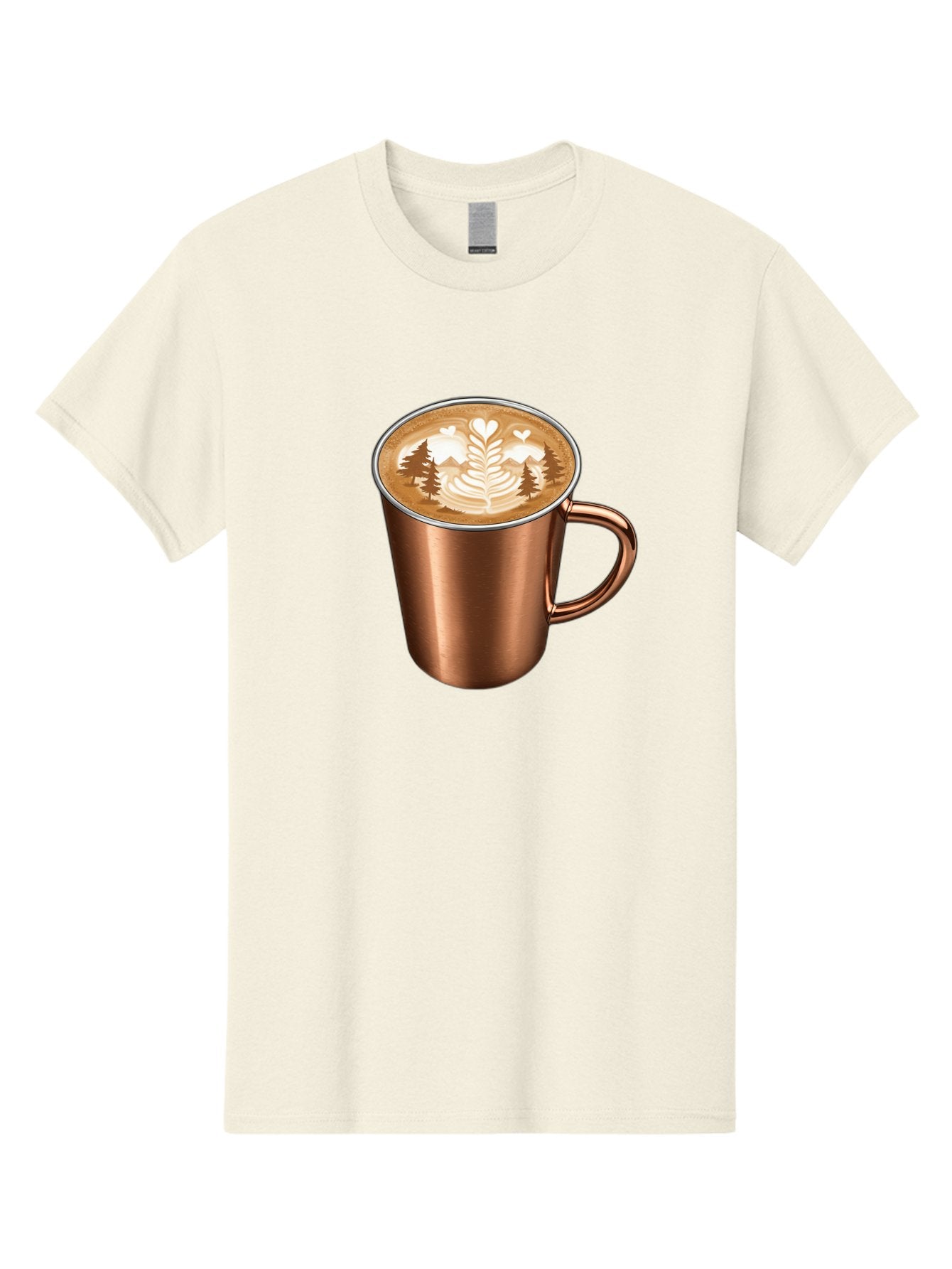Copper-Coffee-Mug Men'S Graphic Tee, 100% Cotton, Comfortable Casual Summer Wear, Machine Washable, Latte Art, Coffee Drink, Copper Mug, Forest Design, Heart-Shaped Leaves, Coffee Culture, Specialty Coffee, Beverage, Morning Coffee Baa404 14