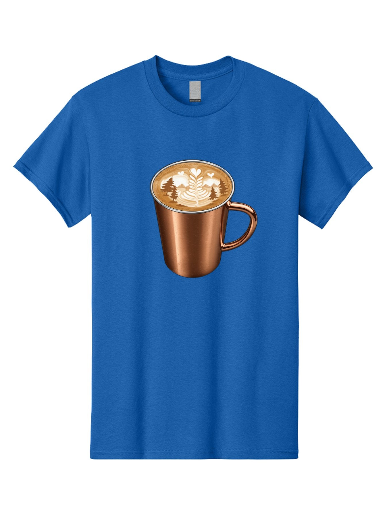 Copper-Coffee-Mug Men'S Graphic Tee, 100% Cotton, Comfortable Casual Summer Wear, Machine Washable, Latte Art, Coffee Drink, Copper Mug, Forest Design, Heart-Shaped Leaves, Coffee Culture, Specialty Coffee, Beverage, Morning Coffee Baa404 3