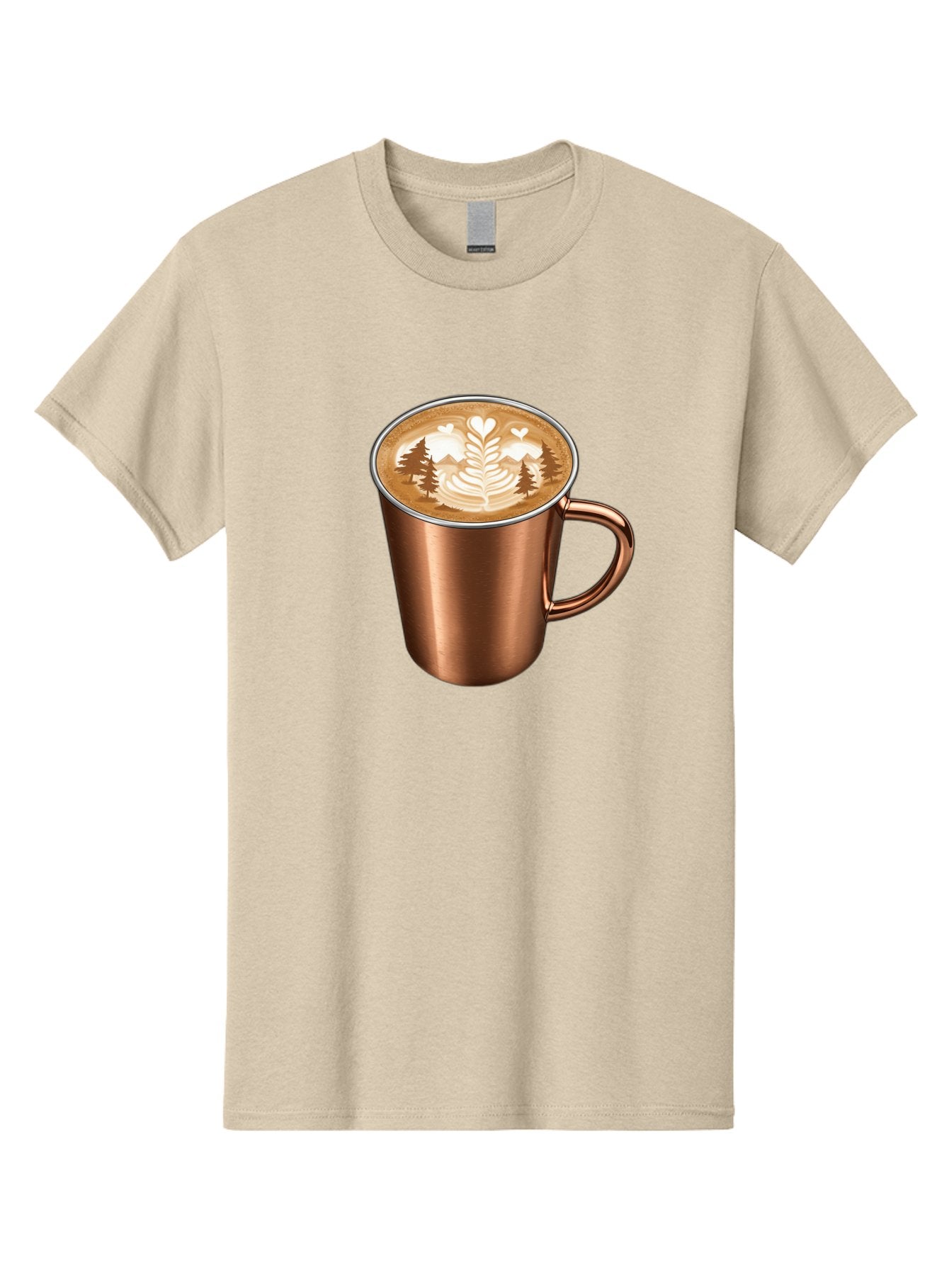 Copper-Coffee-Mug Men'S Graphic Tee, 100% Cotton, Comfortable Casual Summer Wear, Machine Washable, Latte Art, Coffee Drink, Copper Mug, Forest Design, Heart-Shaped Leaves, Coffee Culture, Specialty Coffee, Beverage, Morning Coffee Baa404 4