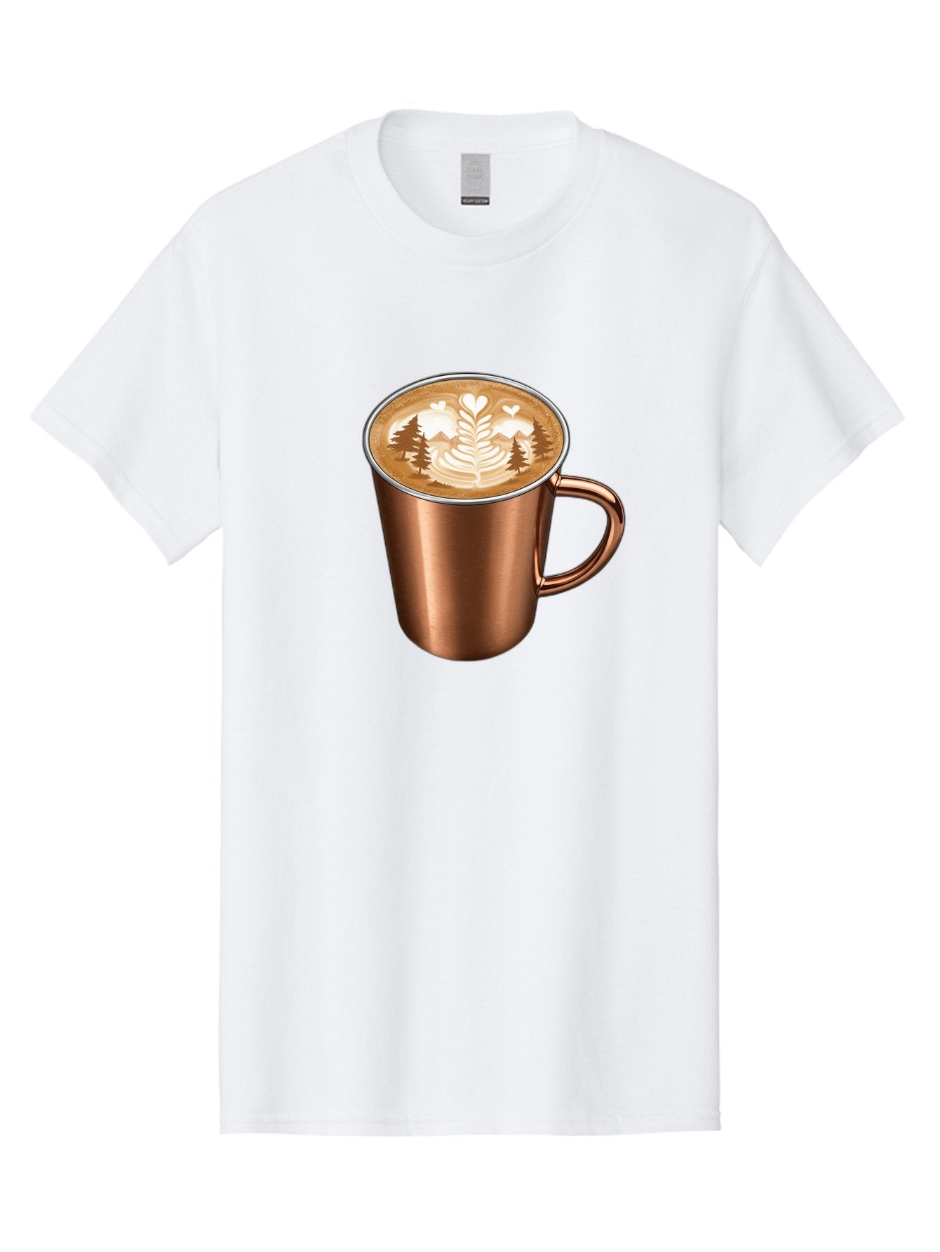 Copper-Coffee-Mug Men'S Graphic Tee, 100% Cotton, Comfortable Casual Summer Wear, Machine Washable, Latte Art, Coffee Drink, Copper Mug, Forest Design, Heart-Shaped Leaves, Coffee Culture, Specialty Coffee, Beverage, Morning Coffee Baa404 10