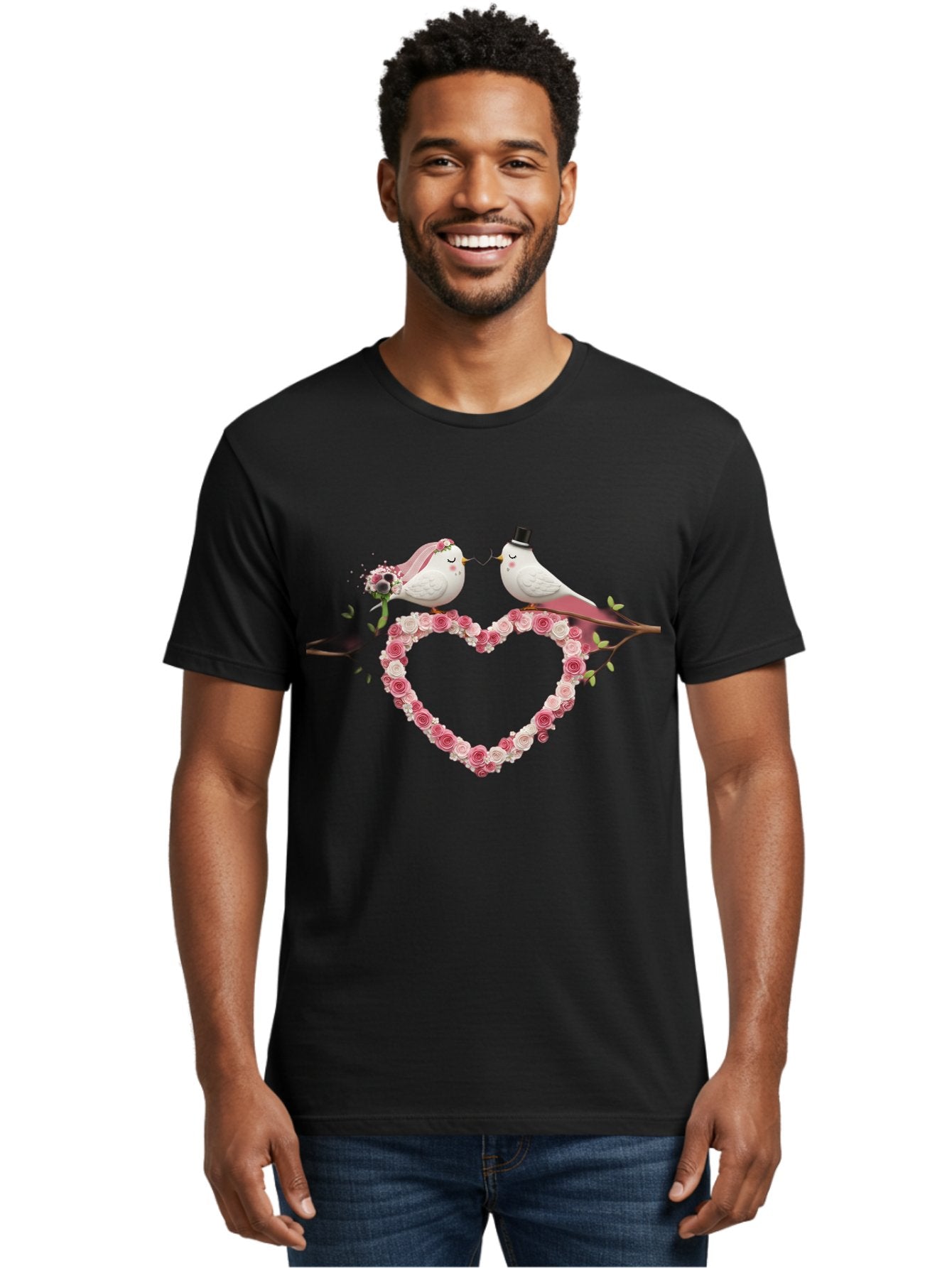Couple-Birds-Heart Men'S Graphic Tee, 100% Cotton, Comfortable Casual Summer Wear, Machine Washable, Love Birds, Wedding Theme, Heart-Shaped Floral Arrangement, Romantic Couple, Bride And Groom Birds, Floral Heart, Love Symbol, Baa405 22