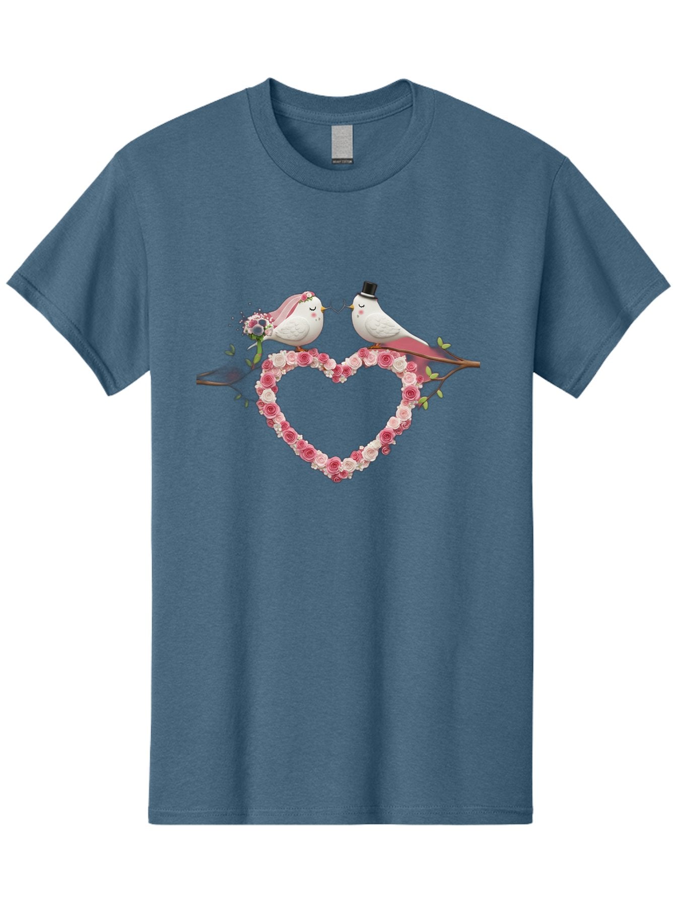 Couple-Birds-Heart Men'S Graphic Tee, 100% Cotton, Comfortable Casual Summer Wear, Machine Washable, Love Birds, Wedding Theme, Heart-Shaped Floral Arrangement, Romantic Couple, Bride And Groom Birds, Floral Heart, Love Symbol, Baa405
