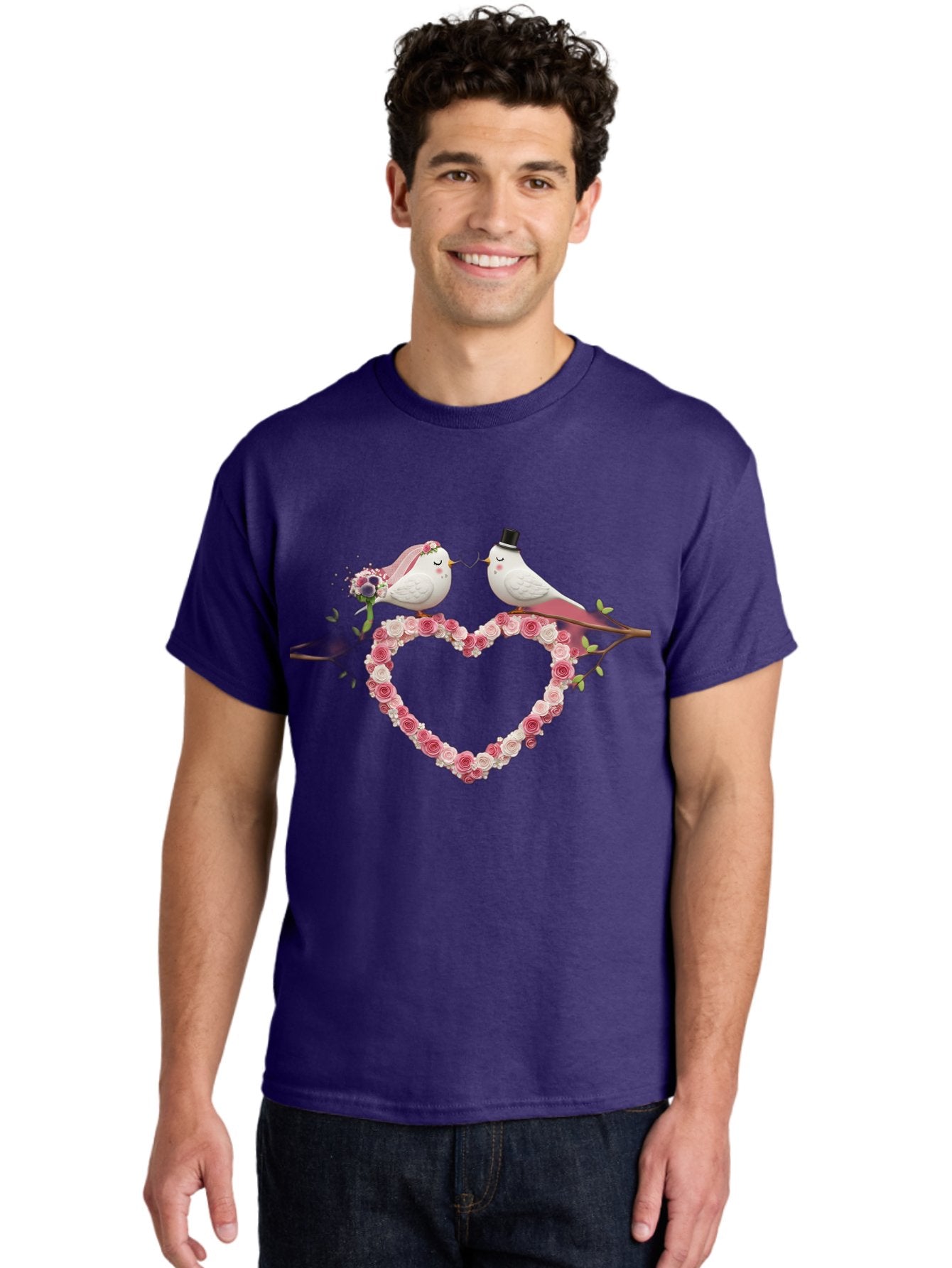 Couple-Birds-Heart Men'S Graphic Tee, 100% Cotton, Comfortable Casual Summer Wear, Machine Washable, Love Birds, Wedding Theme, Heart-Shaped Floral Arrangement, Romantic Couple, Bride And Groom Birds, Floral Heart, Love Symbol, Baa405 20