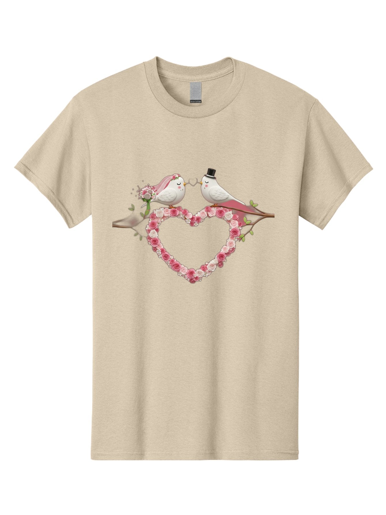 Couple-Birds-Heart Men'S Graphic Tee, 100% Cotton, Comfortable Casual Summer Wear, Machine Washable, Love Birds, Wedding Theme, Heart-Shaped Floral Arrangement, Romantic Couple, Bride And Groom Birds, Floral Heart, Love Symbol, Baa405 5