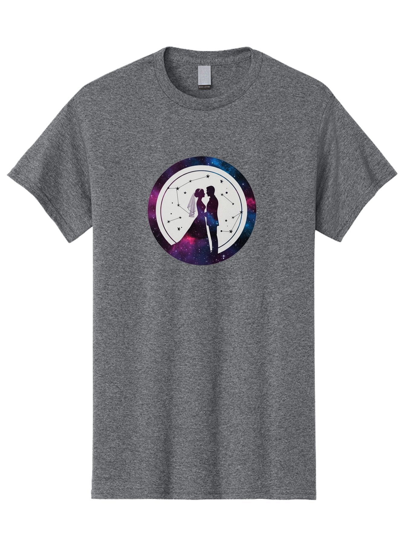 Couple-Silhouette-2 Men'S Graphic Tee, 100% Cotton, Comfortable Casual Summer Wear, Machine Washable, Couple Silhouette, Starry Night Sky, Constellation Pattern, Galaxy Background, Romance, Love, Wedding, Astrology, Celestial Theme, Baa407