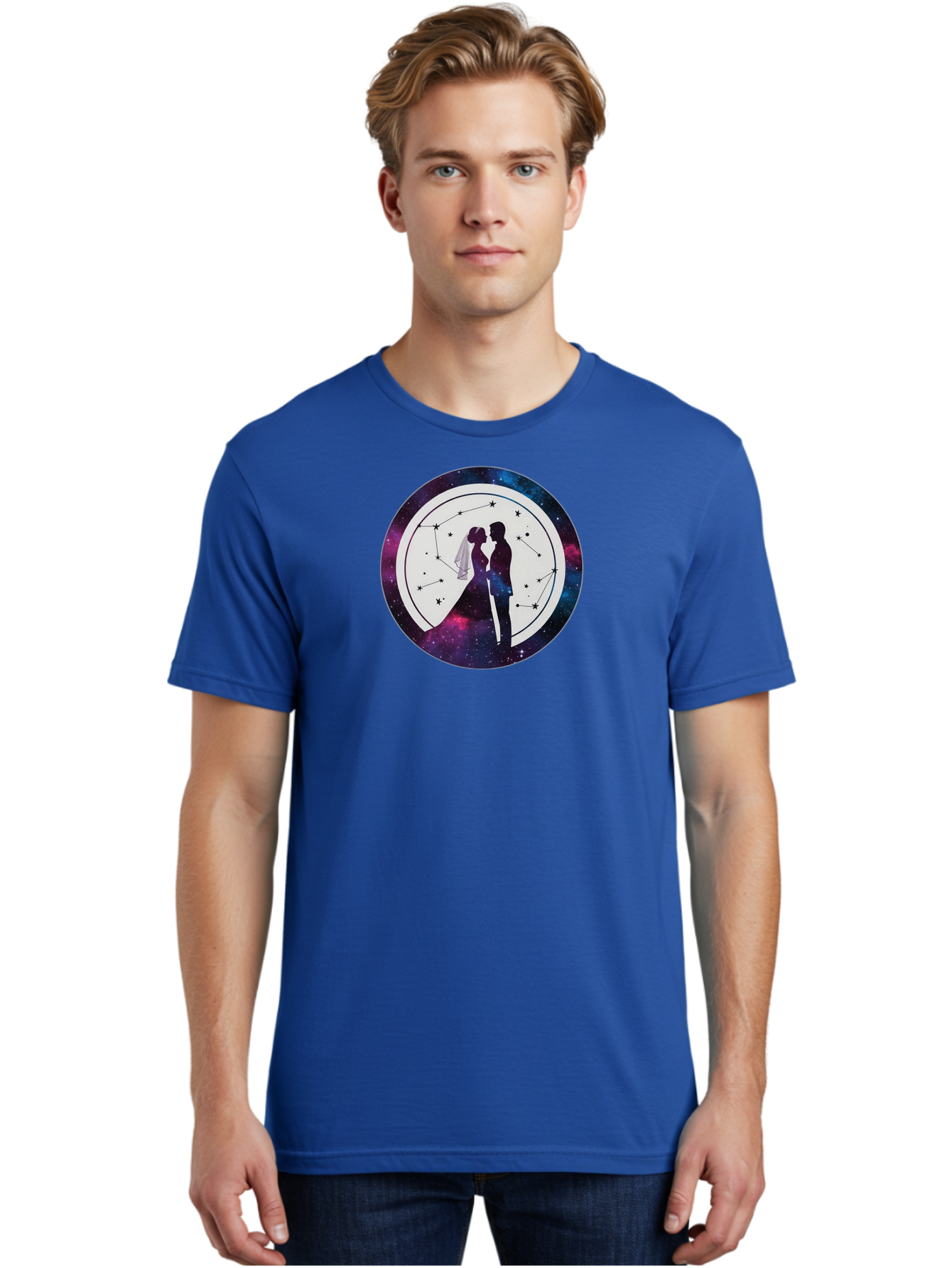 Couple-Silhouette-2 Men'S Graphic Tee, 100% Cotton, Comfortable Casual Summer Wear, Machine Washable, Couple Silhouette, Starry Night Sky, Constellation Pattern, Galaxy Background, Romance, Love, Wedding, Astrology, Celestial Theme, Baa407