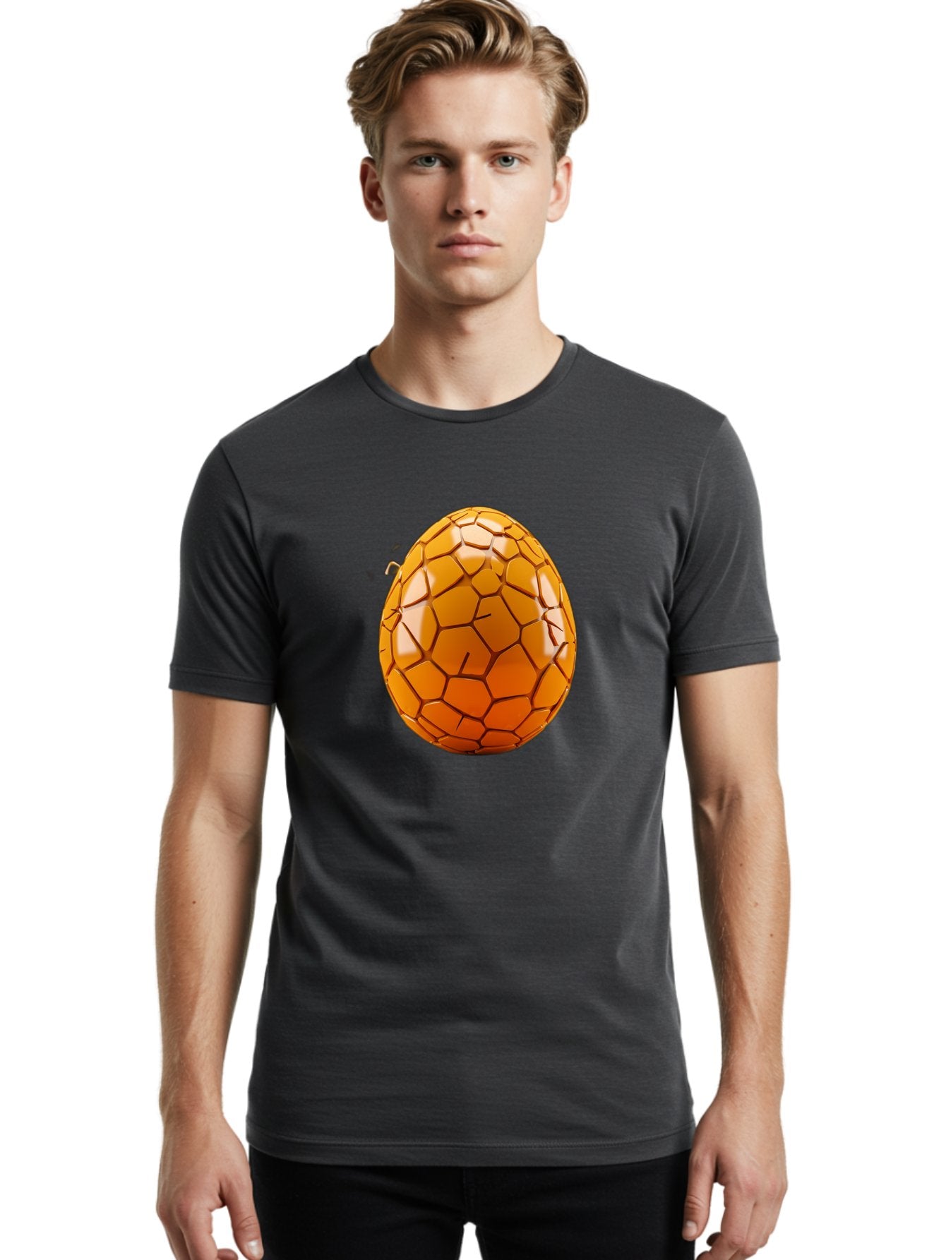 Cracked-Golden-Egg Men'S Graphic Tee, 100% Cotton, Comfortable Casual Summer Wear, Machine Washable, Soccer Ball Texture, Egg Shape, Golden Color, Shiny Surface, Geometric Pattern, Sporty Design, Unique Fusion, Easter Egg Inspiration, Baa411 16