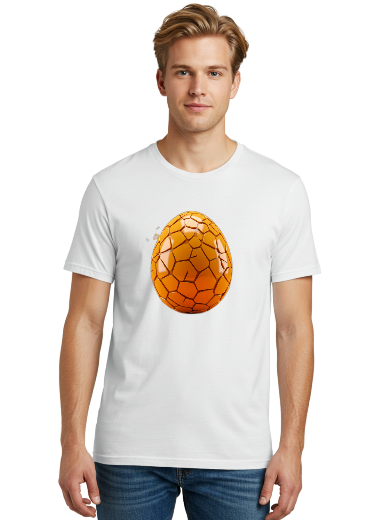 Cracked-Golden-Egg Men'S Graphic Tee, 100% Cotton, Comfortable Casual Summer Wear, Machine Washable, Soccer Ball Texture, Egg Shape, Golden Color, Shiny Surface, Geometric Pattern, Sporty Design, Unique Fusion, Easter Egg Inspiration, Baa411 8