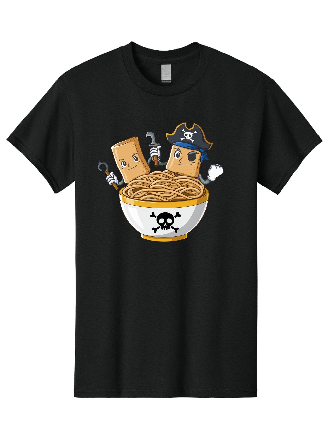 Crackers-In-A-Skull-Bowl Men'S Graphic Tee, 100% Cotton, Comfortable Casual Summer Wear, Machine Washable, Cartoon Crackers, Pirate-Themed, Noodles In Bowl, Skull And Crossbones, Playful Cartoon, Pirate Crackers, Animated Noodles, Baa412 6