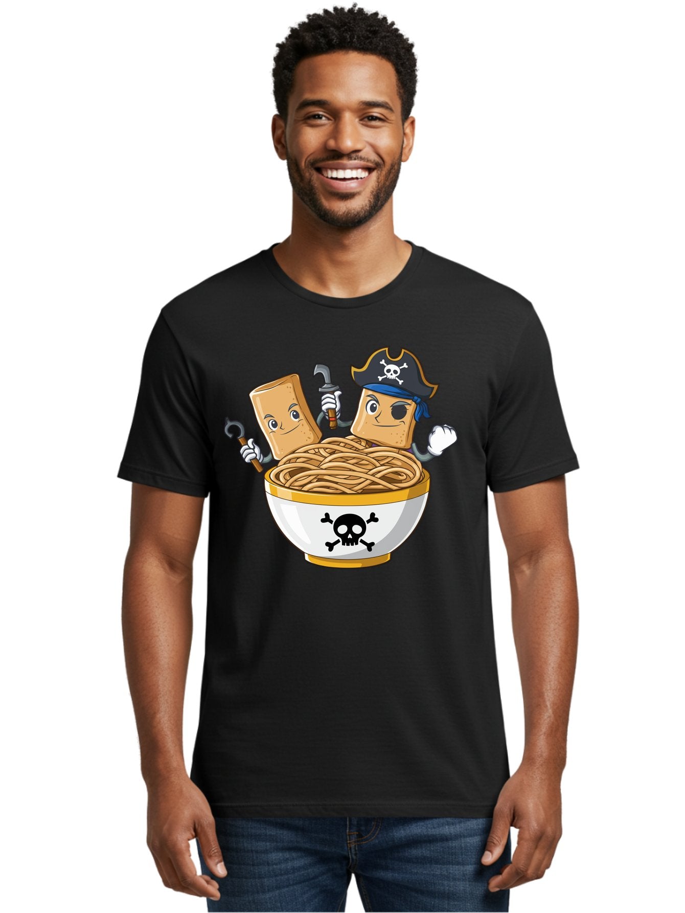 Crackers-In-A-Skull-Bowl Men'S Graphic Tee, 100% Cotton, Comfortable Casual Summer Wear, Machine Washable, Cartoon Crackers, Pirate-Themed, Noodles In Bowl, Skull And Crossbones, Playful Cartoon, Pirate Crackers, Animated Noodles, Baa412 24