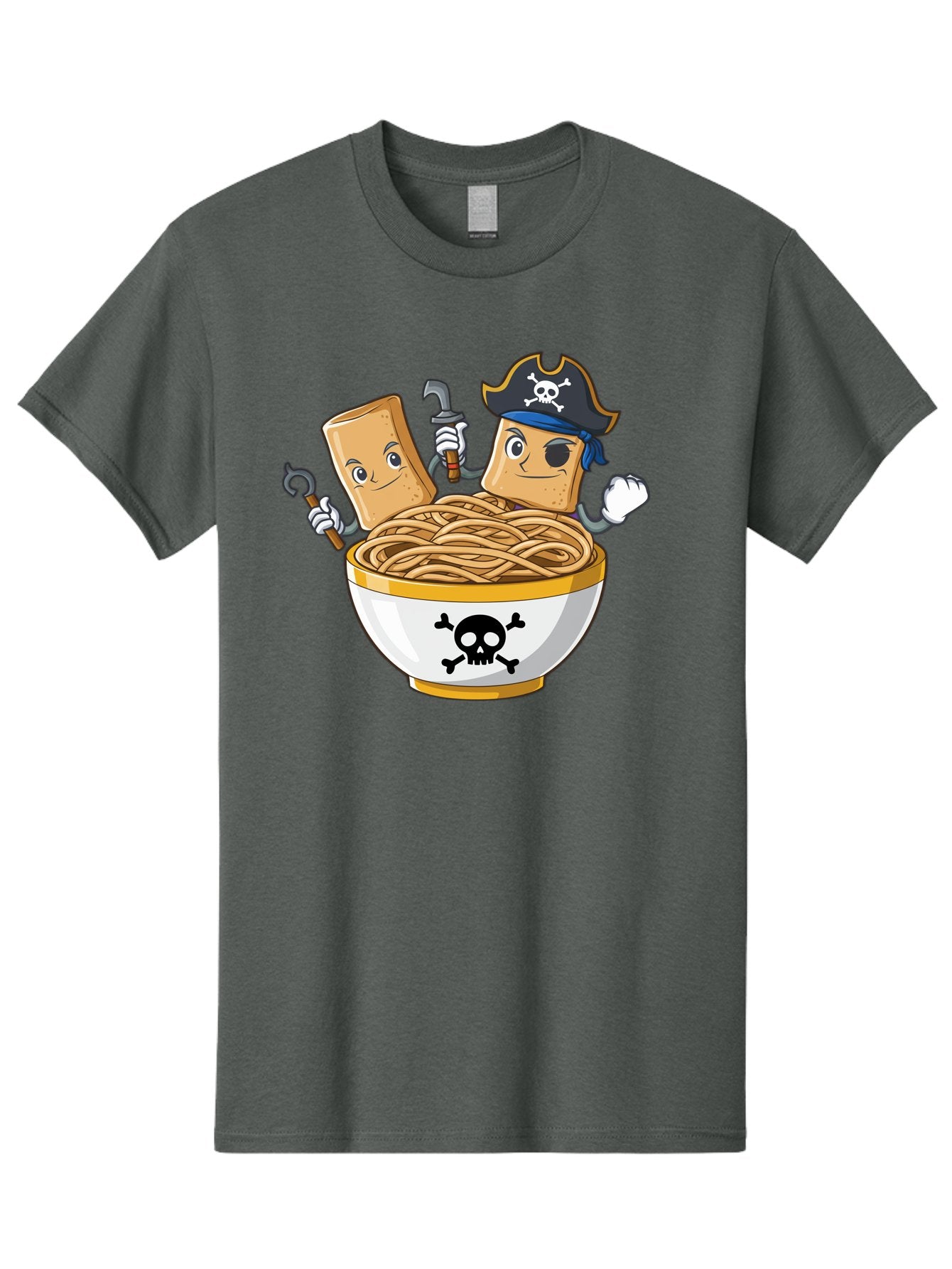 Crackers-In-A-Skull-Bowl Men'S Graphic Tee, 100% Cotton, Comfortable Casual Summer Wear, Machine Washable, Cartoon Crackers, Pirate-Themed, Noodles In Bowl, Skull And Crossbones, Playful Cartoon, Pirate Crackers, Animated Noodles, Baa412 11