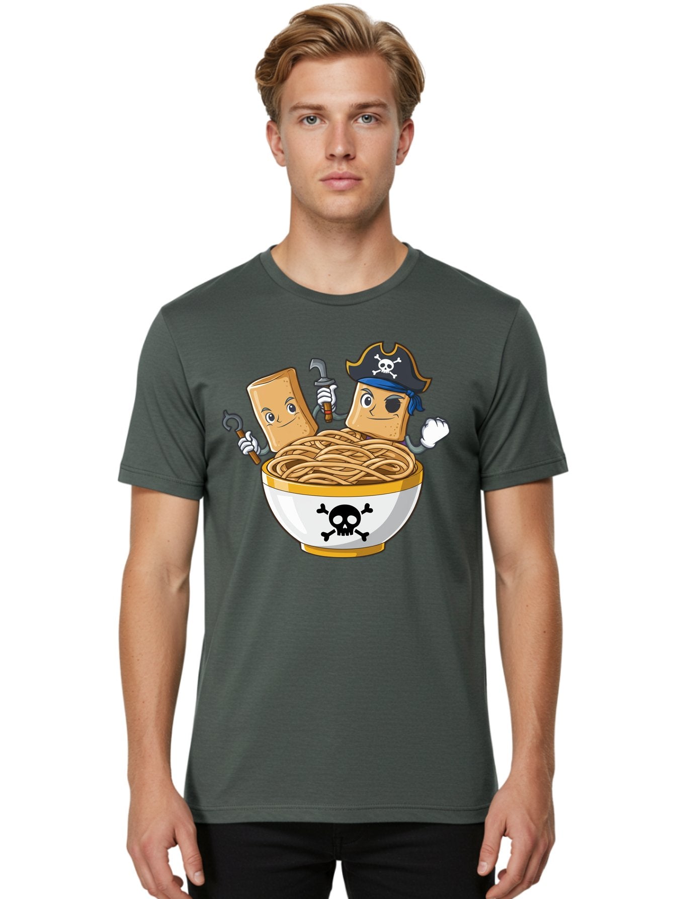 Crackers-In-A-Skull-Bowl Men'S Graphic Tee, 100% Cotton, Comfortable Casual Summer Wear, Machine Washable, Cartoon Crackers, Pirate-Themed, Noodles In Bowl, Skull And Crossbones, Playful Cartoon, Pirate Crackers, Animated Noodles, Baa412 27
