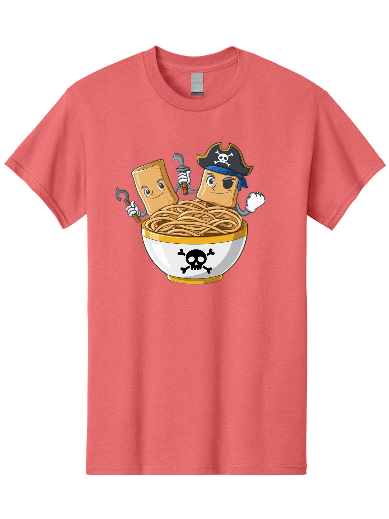 Crackers-In-A-Skull-Bowl Men'S Graphic Tee, 100% Cotton, Comfortable Casual Summer Wear, Machine Washable, Cartoon Crackers, Pirate-Themed, Noodles In Bowl, Skull And Crossbones, Playful Cartoon, Pirate Crackers, Animated Noodles, Baa412 17