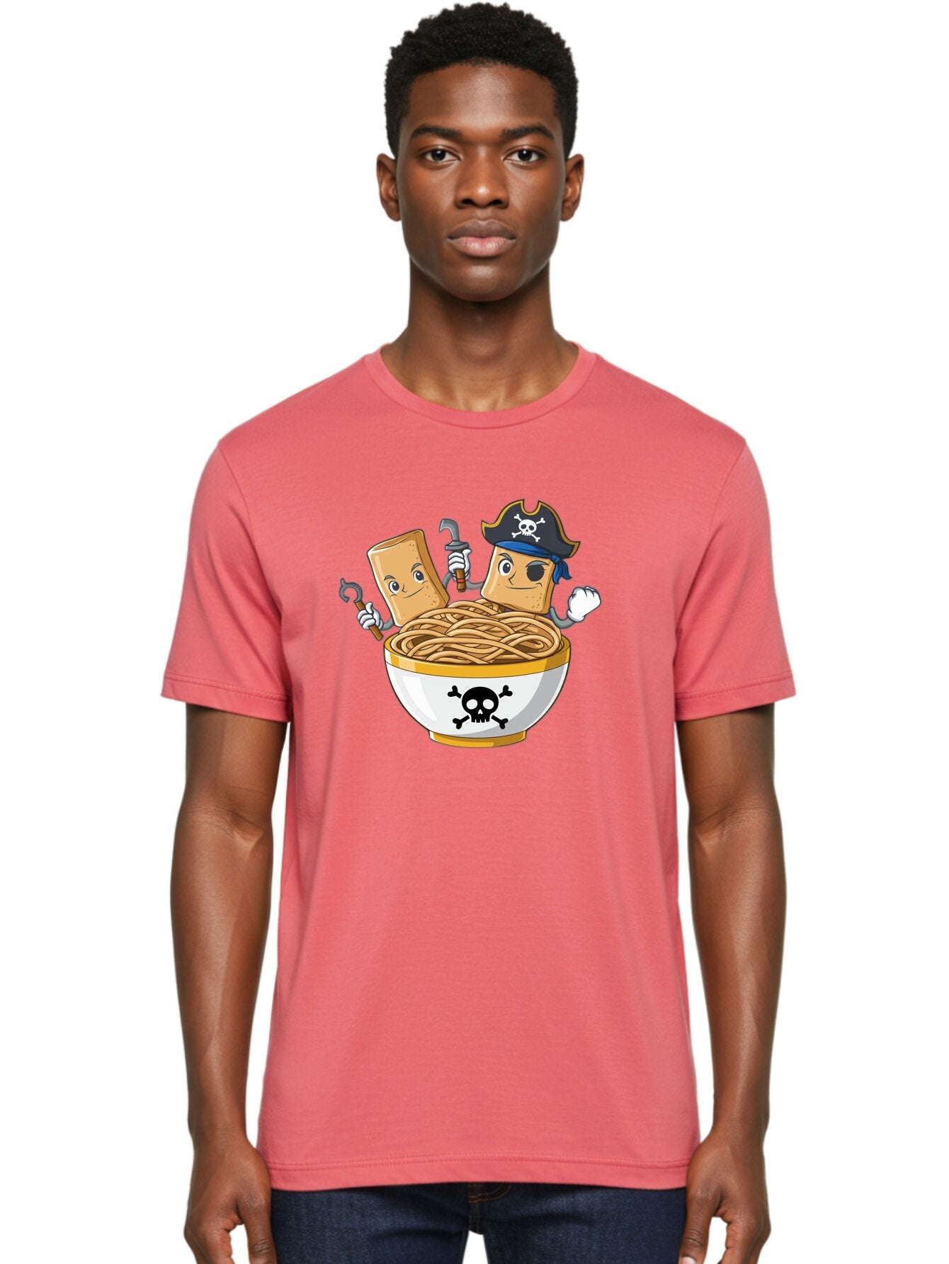 Crackers-In-A-Skull-Bowl Men'S Graphic Tee, 100% Cotton, Comfortable Casual Summer Wear, Machine Washable, Cartoon Crackers, Pirate-Themed, Noodles In Bowl, Skull And Crossbones, Playful Cartoon, Pirate Crackers, Animated Noodles, Baa412 22