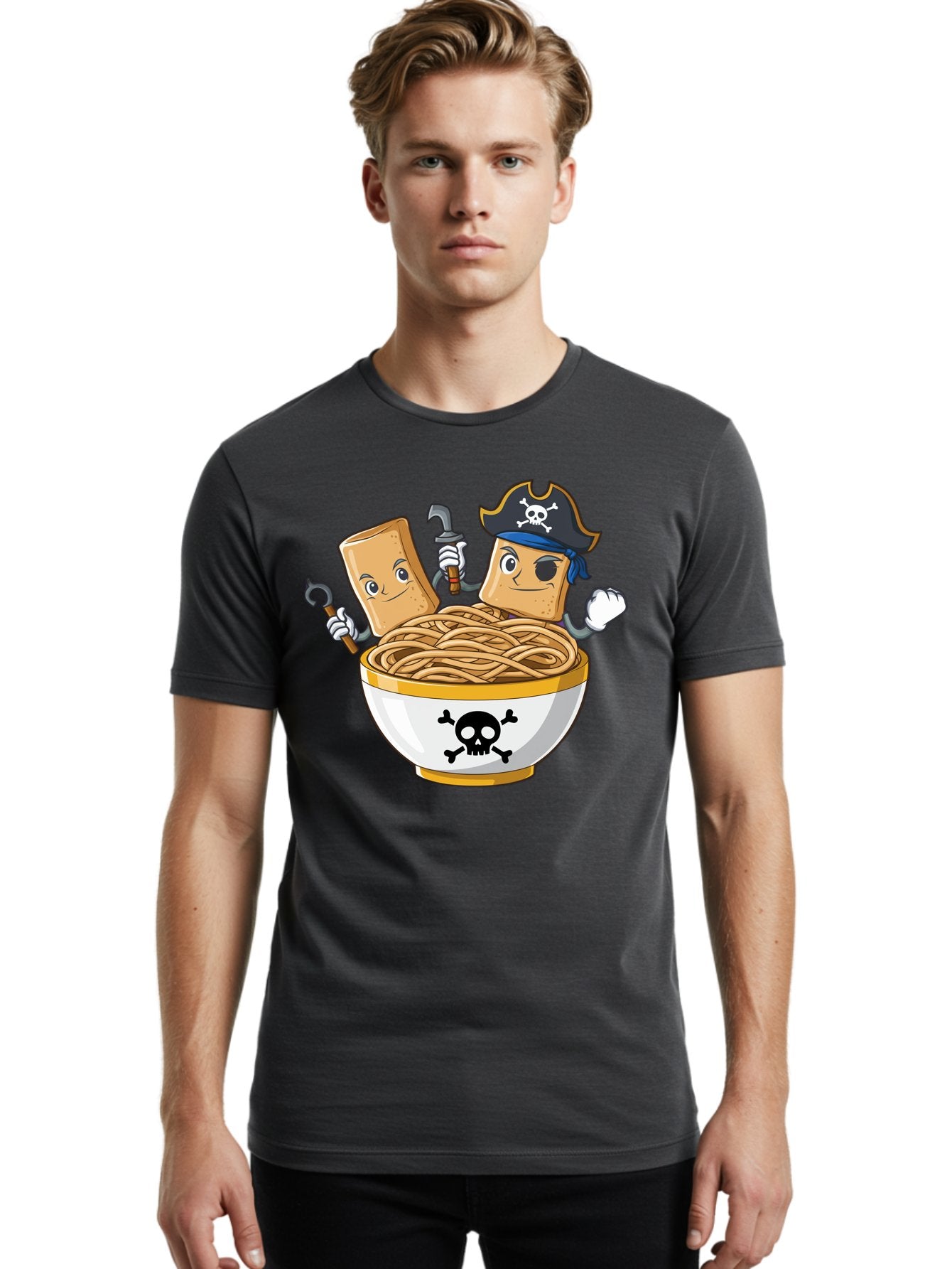 Crackers-In-A-Skull-Bowl Men'S Graphic Tee, 100% Cotton, Comfortable Casual Summer Wear, Machine Washable, Cartoon Crackers, Pirate-Themed, Noodles In Bowl, Skull And Crossbones, Playful Cartoon, Pirate Crackers, Animated Noodles, Baa412 21