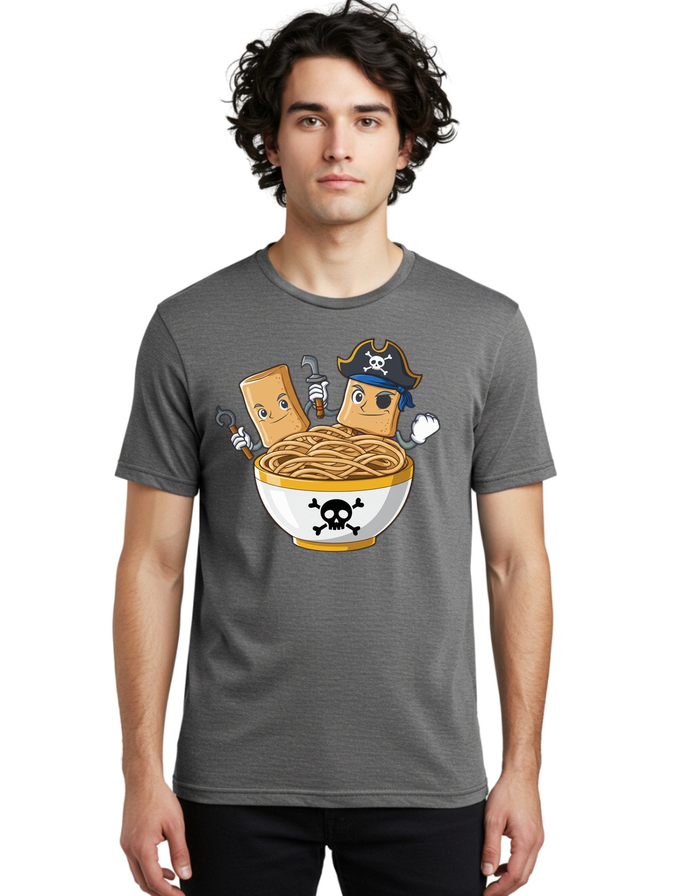 Crackers-In-A-Skull-Bowl Men'S Graphic Tee, 100% Cotton, Comfortable Casual Summer Wear, Machine Washable, Cartoon Crackers, Pirate-Themed, Noodles In Bowl, Skull And Crossbones, Playful Cartoon, Pirate Crackers, Animated Noodles, Baa412 26