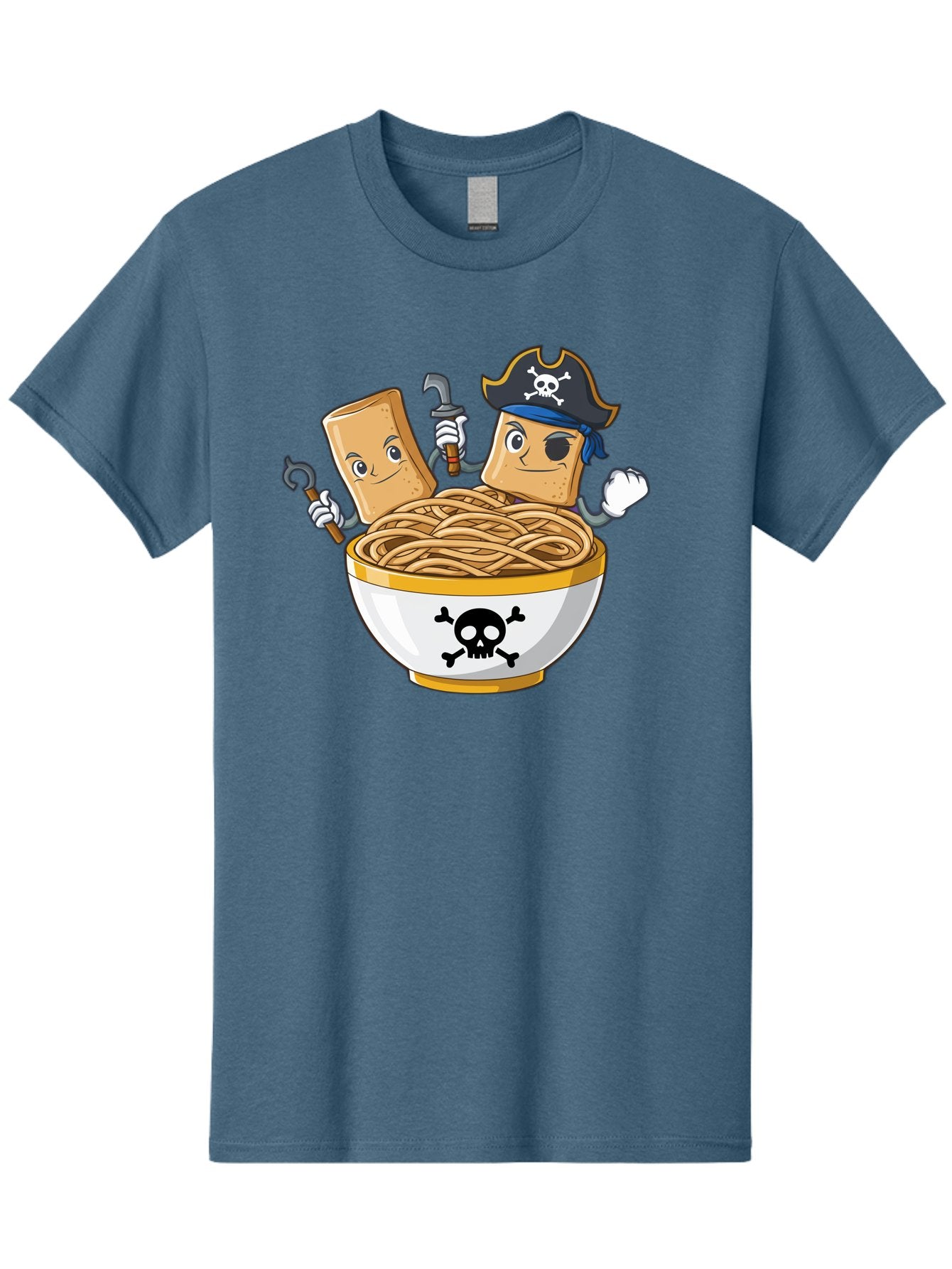 Crackers-In-A-Skull-Bowl Men'S Graphic Tee, 100% Cotton, Comfortable Casual Summer Wear, Machine Washable, Cartoon Crackers, Pirate-Themed, Noodles In Bowl, Skull And Crossbones, Playful Cartoon, Pirate Crackers, Animated Noodles, Baa412 13