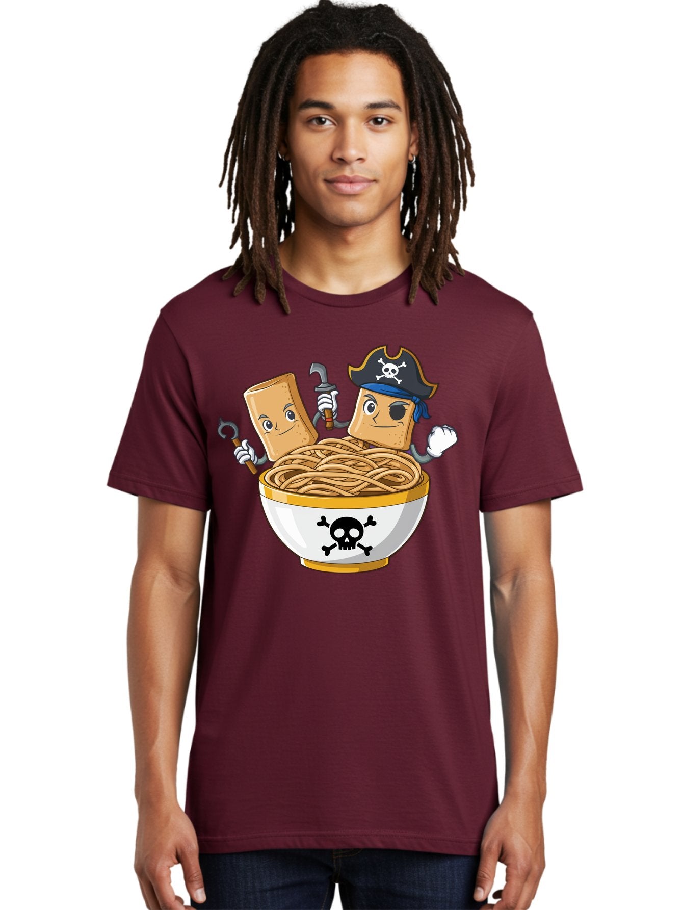 Crackers-In-A-Skull-Bowl Men'S Graphic Tee, 100% Cotton, Comfortable Casual Summer Wear, Machine Washable, Cartoon Crackers, Pirate-Themed, Noodles In Bowl, Skull And Crossbones, Playful Cartoon, Pirate Crackers, Animated Noodles, Baa412 25