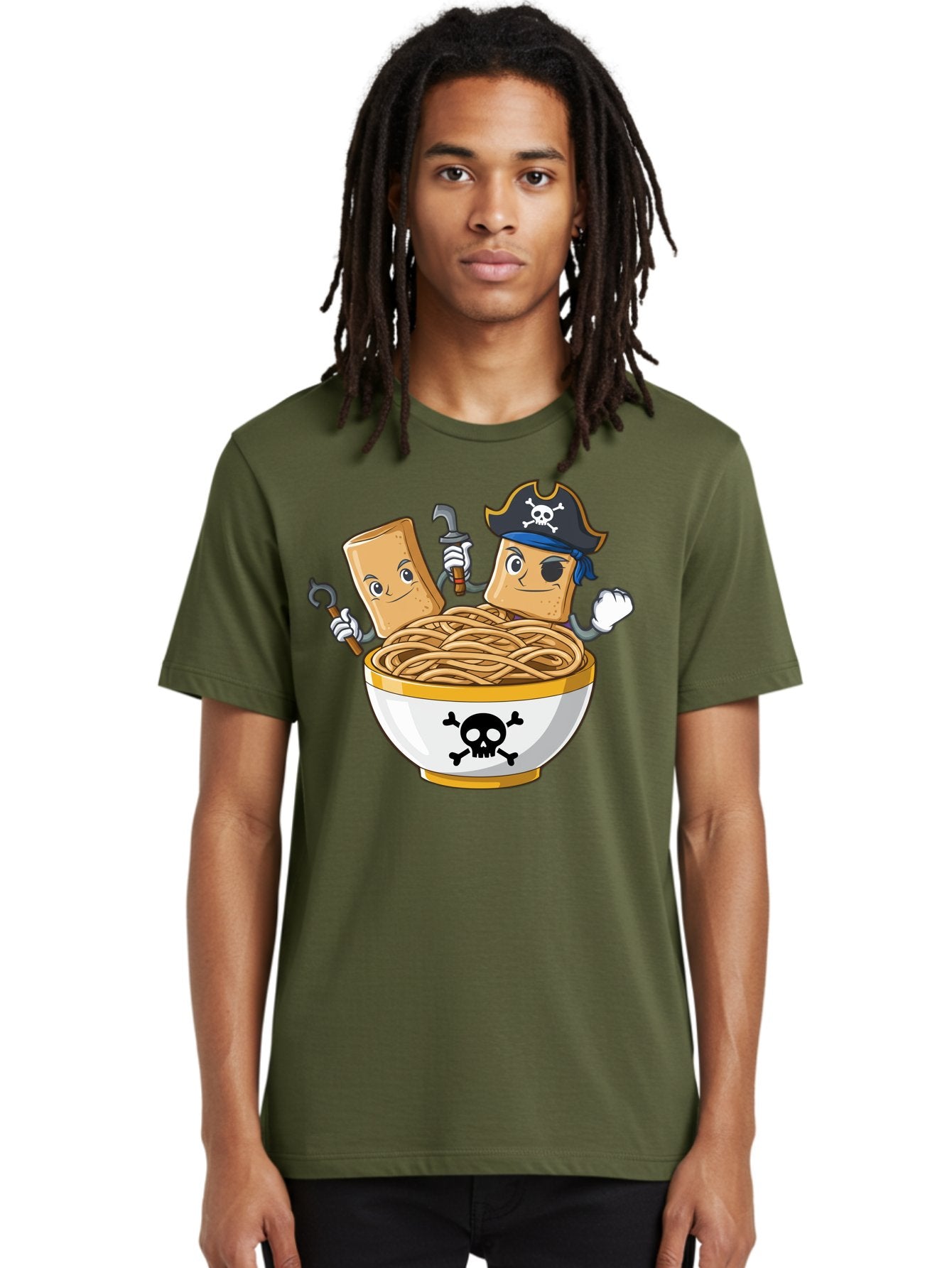 Crackers-In-A-Skull-Bowl Men'S Graphic Tee, 100% Cotton, Comfortable Casual Summer Wear, Machine Washable, Cartoon Crackers, Pirate-Themed, Noodles In Bowl, Skull And Crossbones, Playful Cartoon, Pirate Crackers, Animated Noodles, Baa412 18