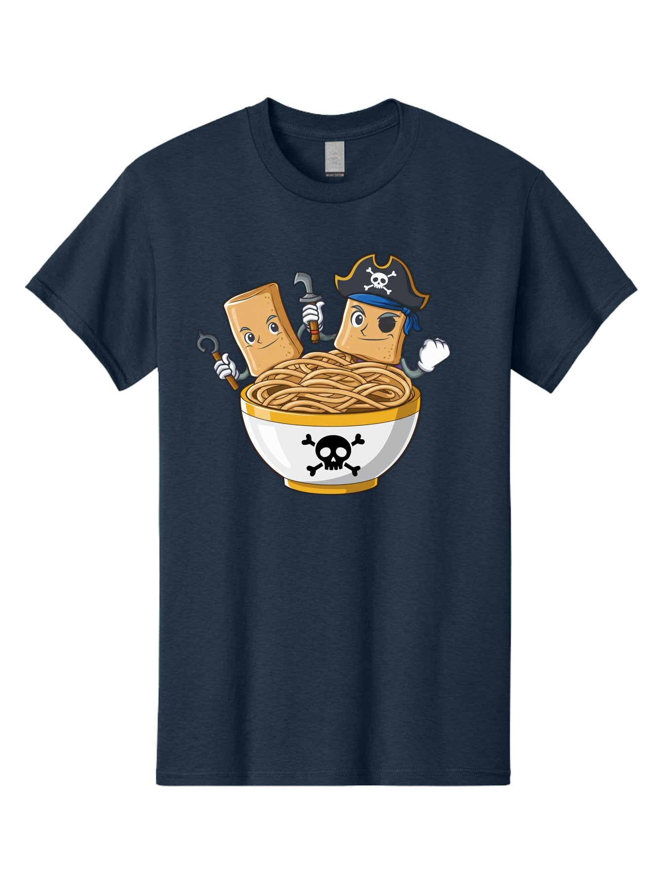 Crackers-In-A-Skull-Bowl Men'S Graphic Tee, 100% Cotton, Comfortable Casual Summer Wear, Machine Washable, Cartoon Crackers, Pirate-Themed, Noodles In Bowl, Skull And Crossbones, Playful Cartoon, Pirate Crackers, Animated Noodles, Baa412 15