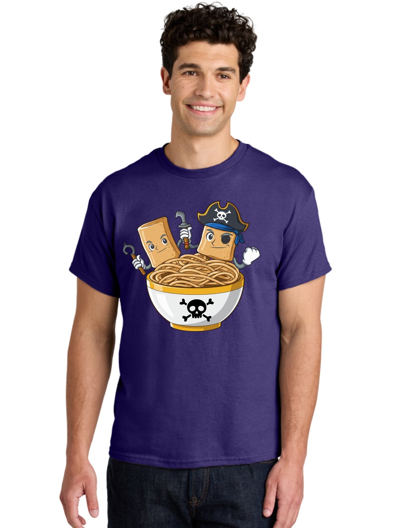 Crackers-In-A-Skull-Bowl Men'S Graphic Tee, 100% Cotton, Comfortable Casual Summer Wear, Machine Washable, Cartoon Crackers, Pirate-Themed, Noodles In Bowl, Skull And Crossbones, Playful Cartoon, Pirate Crackers, Animated Noodles, Baa412 19