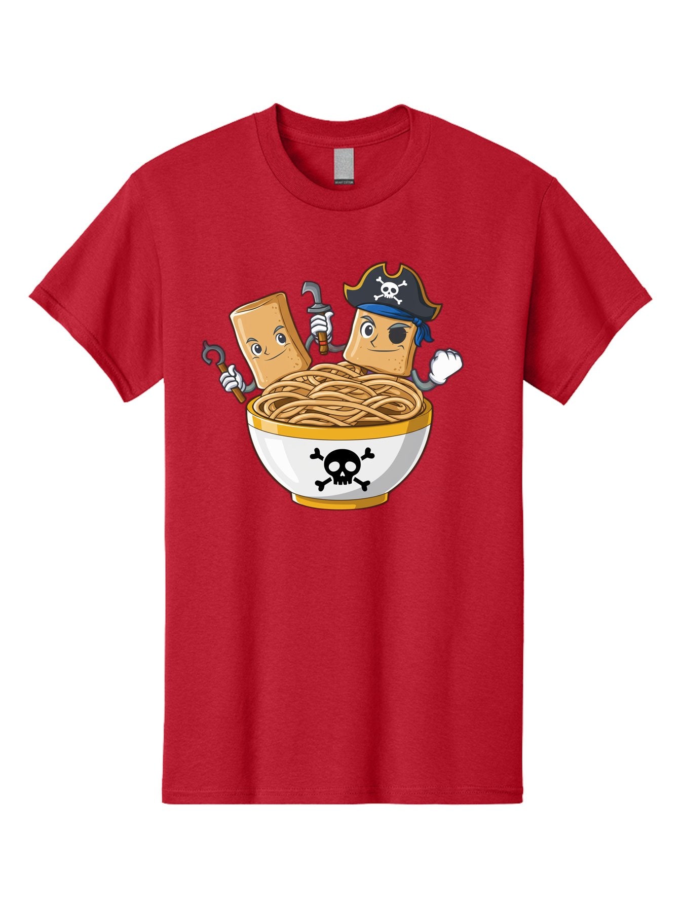 Crackers-In-A-Skull-Bowl Men'S Graphic Tee, 100% Cotton, Comfortable Casual Summer Wear, Machine Washable, Cartoon Crackers, Pirate-Themed, Noodles In Bowl, Skull And Crossbones, Playful Cartoon, Pirate Crackers, Animated Noodles, Baa412 14