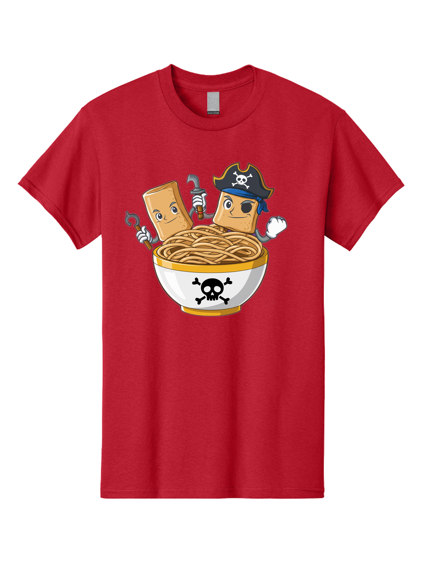 Crackers-In-A-Skull-Bowl Men'S Graphic Tee, 100% Cotton, Comfortable Casual Summer Wear, Machine Washable, Cartoon Crackers, Pirate-Themed, Noodles In Bowl, Skull And Crossbones, Playful Cartoon, Pirate Crackers, Animated Noodles, Baa412 3
