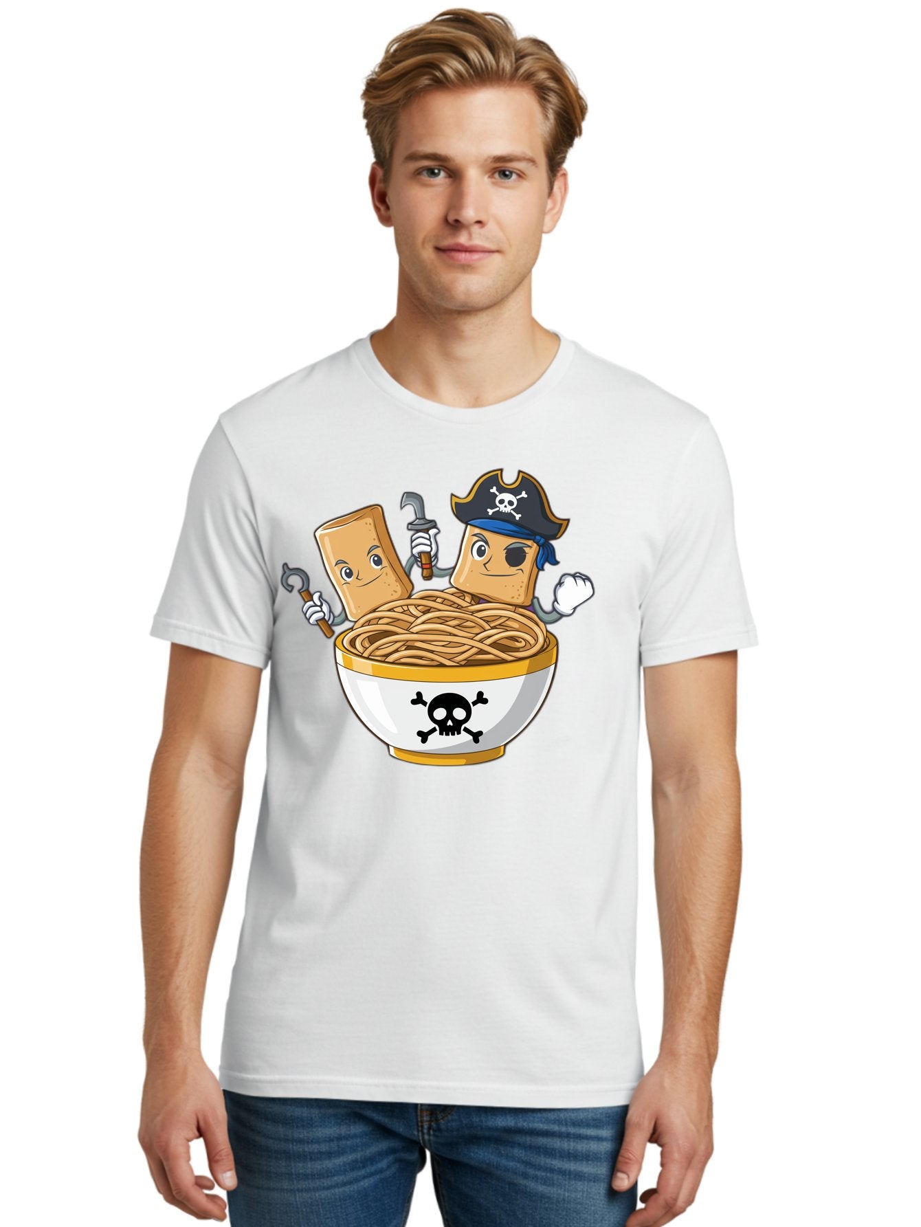 Crackers-In-A-Skull-Bowl Men'S Graphic Tee, 100% Cotton, Comfortable Casual Summer Wear, Machine Washable, Cartoon Crackers, Pirate-Themed, Noodles In Bowl, Skull And Crossbones, Playful Cartoon, Pirate Crackers, Animated Noodles, Baa412 28