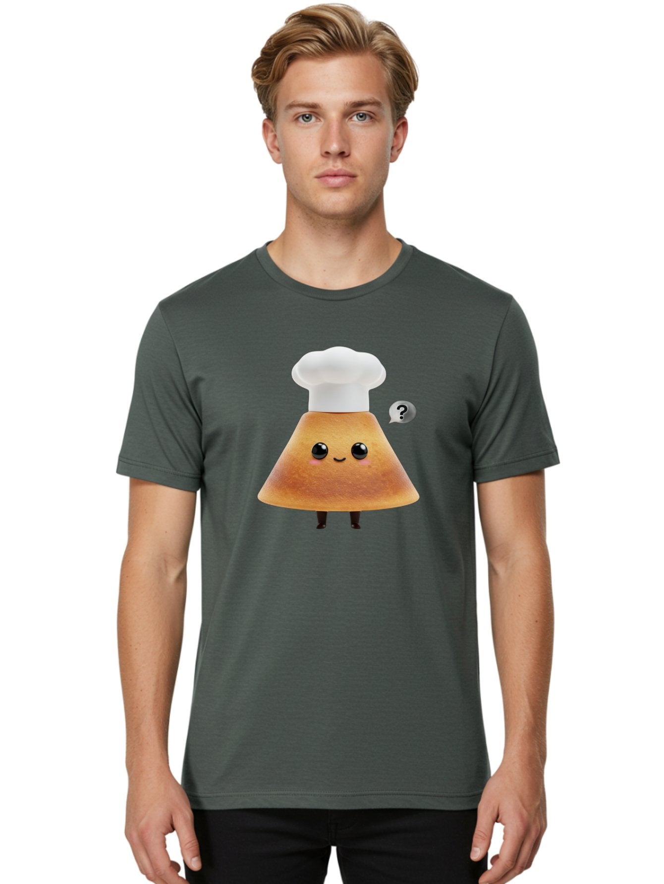 Crepe-Character Men'S Graphic Tee, 100% Cotton, Comfortable Casual Summer Wear, Machine Washable, Cartoon Beignet, Chef Hat, Adorable Character, Questioning Expression, Culinary Delight, Sweet Treat, Funny Illustration, Black Eyes, Baa413 24