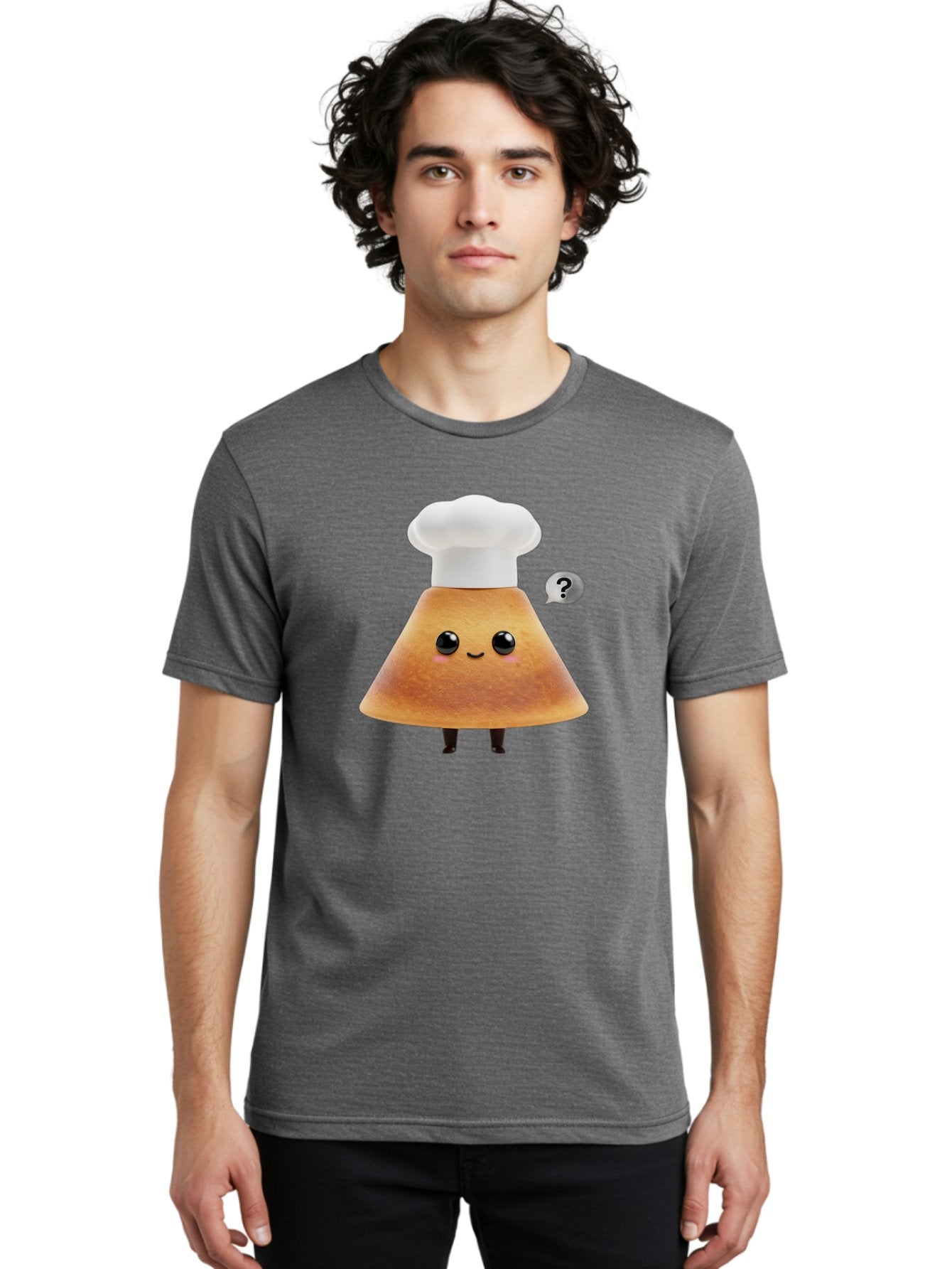 Crepe-Character Men'S Graphic Tee, 100% Cotton, Comfortable Casual Summer Wear, Machine Washable, Cartoon Beignet, Chef Hat, Adorable Character, Questioning Expression, Culinary Delight, Sweet Treat, Funny Illustration, Black Eyes, Baa413 22