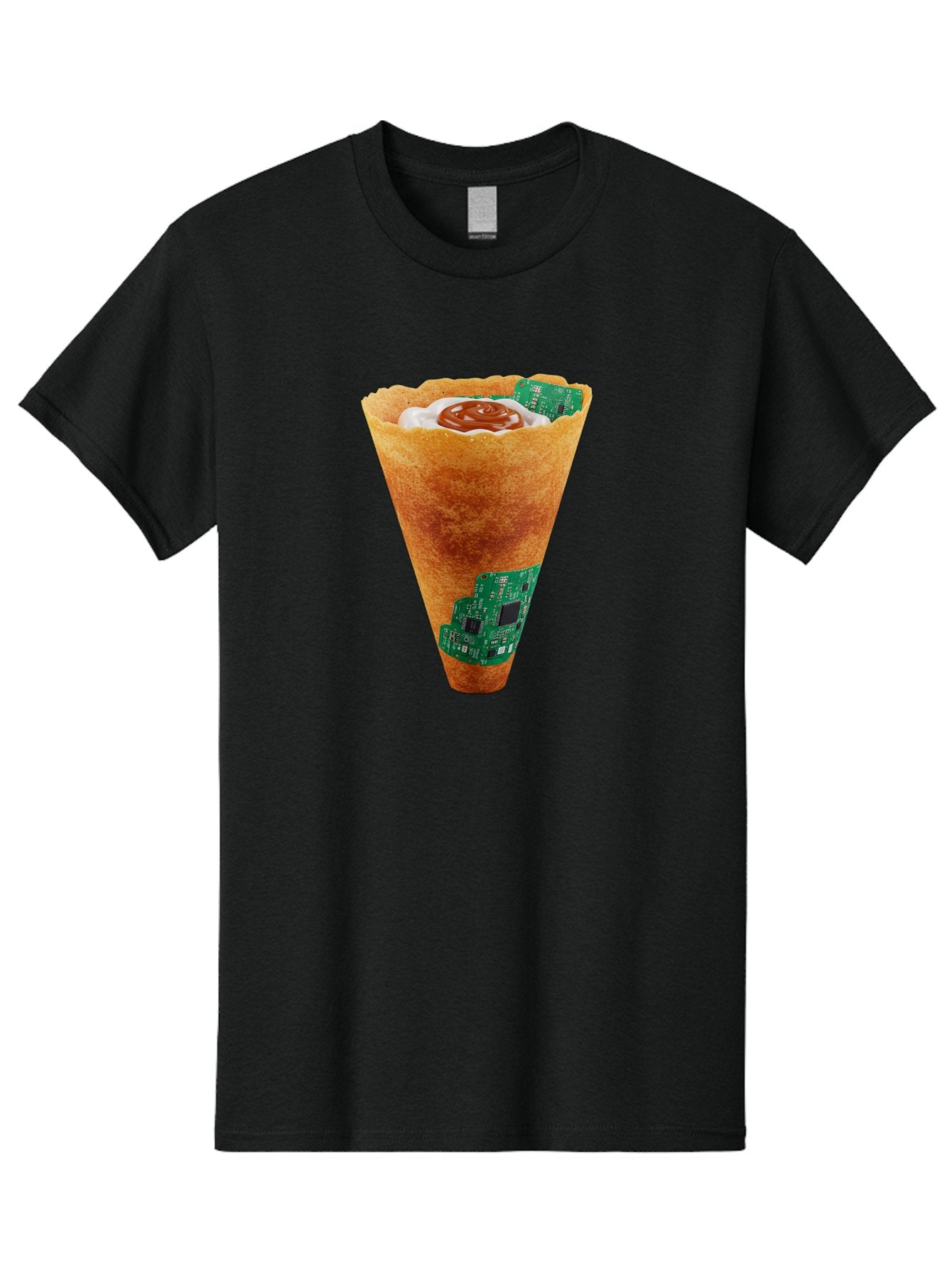 Crepe-Cone-With-Circuit-Board Men'S Graphic Tee, 100% Cotton, Comfortable Casual Summer Wear, Machine Washable, Crepe Cone, Circuit Board Design, Tech-Inspired Dessert, Sweet And Savory Mix, Innovative Food, Futuristic Cuisine, Dessert Art, Baa414 4