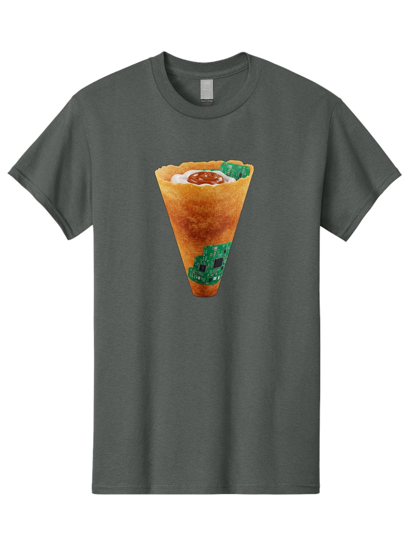 Crepe-Cone-With-Circuit-Board Men'S Graphic Tee, 100% Cotton, Comfortable Casual Summer Wear, Machine Washable, Crepe Cone, Circuit Board Design, Tech-Inspired Dessert, Sweet And Savory Mix, Innovative Food, Futuristic Cuisine, Dessert Art, Baa414 10