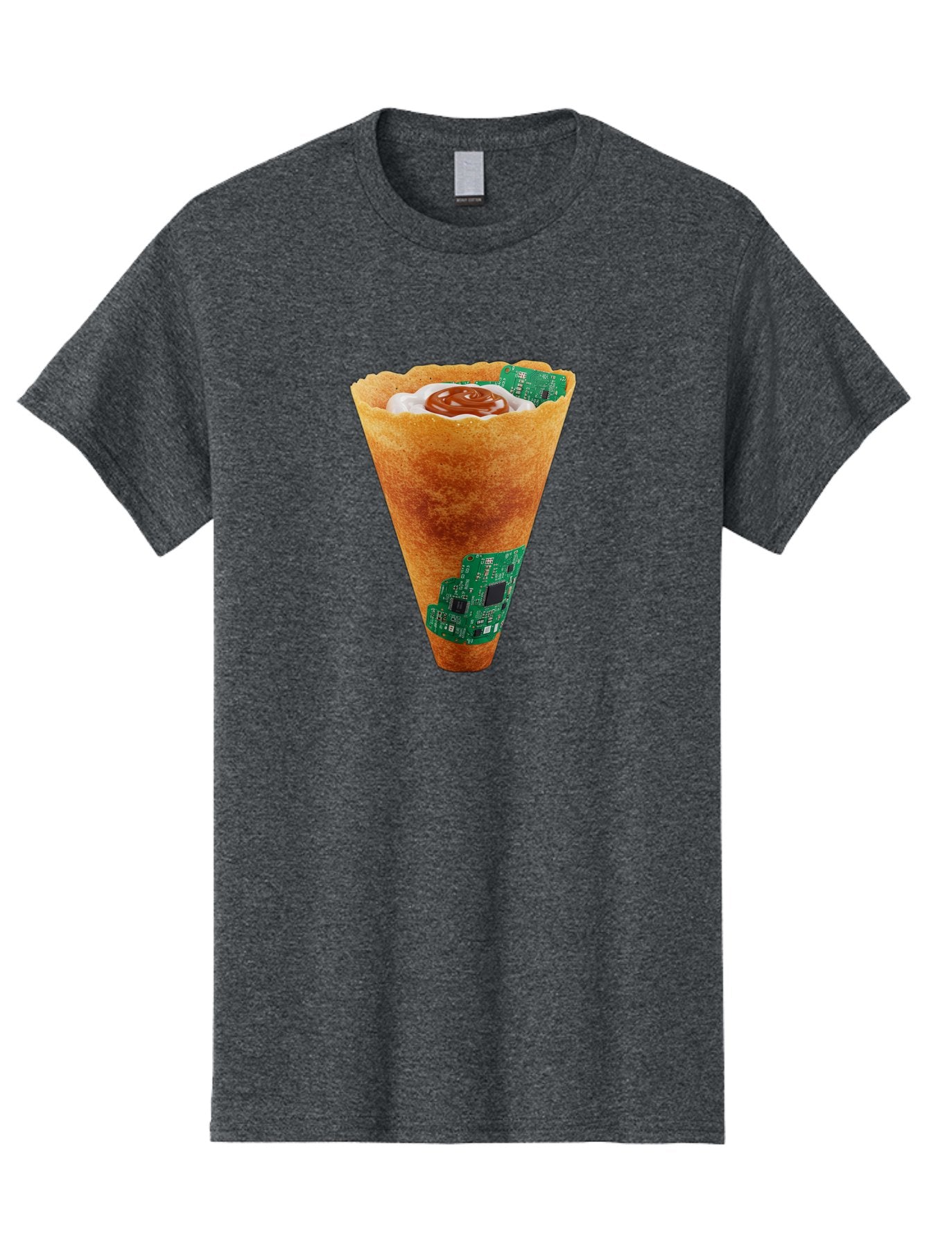 Crepe-Cone-With-Circuit-Board Men'S Graphic Tee, 100% Cotton, Comfortable Casual Summer Wear, Machine Washable, Crepe Cone, Circuit Board Design, Tech-Inspired Dessert, Sweet And Savory Mix, Innovative Food, Futuristic Cuisine, Dessert Art, Baa414 12