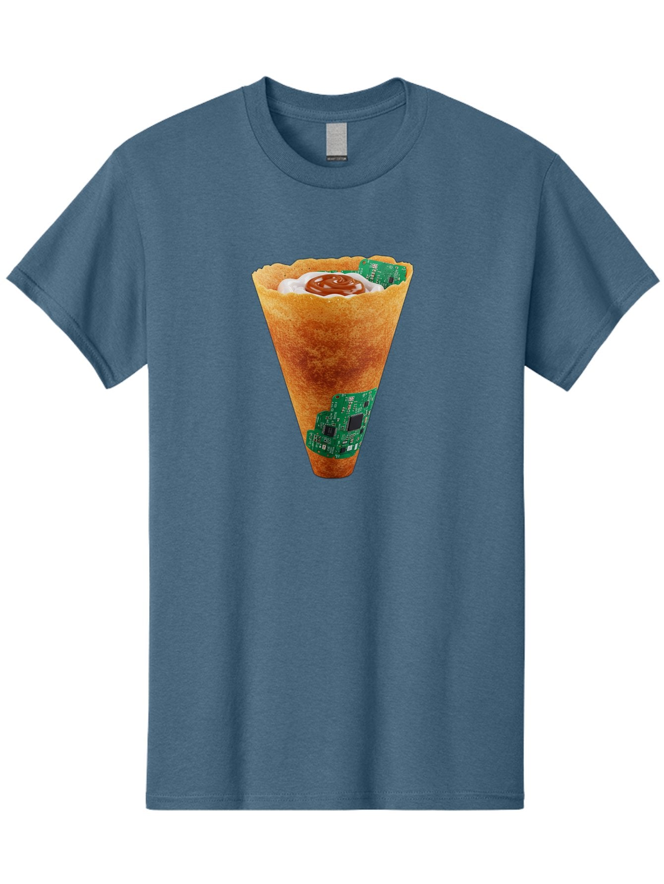Crepe-Cone-With-Circuit-Board Men'S Graphic Tee, 100% Cotton, Comfortable Casual Summer Wear, Machine Washable, Crepe Cone, Circuit Board Design, Tech-Inspired Dessert, Sweet And Savory Mix, Innovative Food, Futuristic Cuisine, Dessert Art, Baa414 3