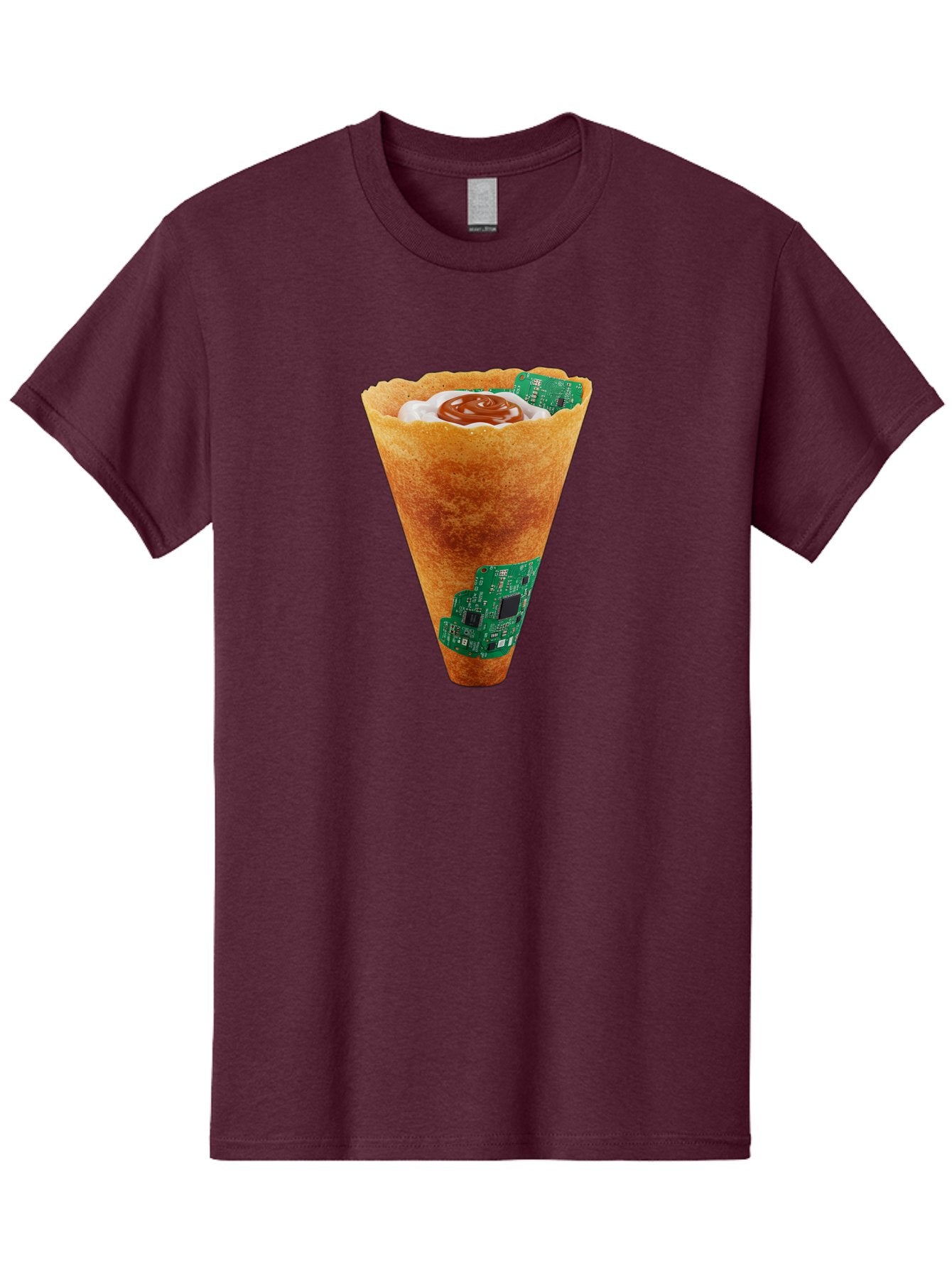 Crepe-Cone-With-Circuit-Board Men'S Graphic Tee, 100% Cotton, Comfortable Casual Summer Wear, Machine Washable, Crepe Cone, Circuit Board Design, Tech-Inspired Dessert, Sweet And Savory Mix, Innovative Food, Futuristic Cuisine, Dessert Art, Baa414 15