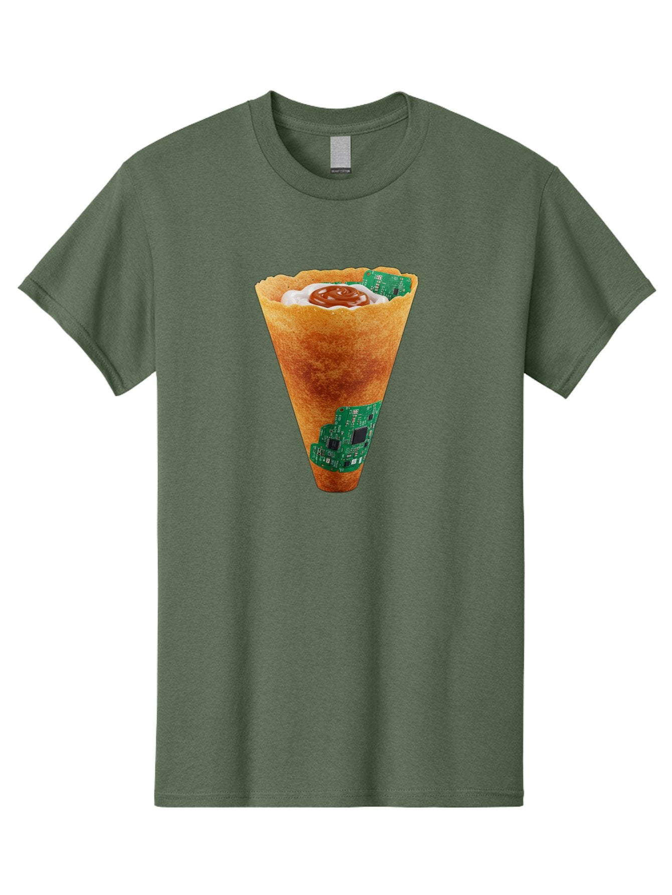 Crepe-Cone-With-Circuit-Board Men'S Graphic Tee, 100% Cotton, Comfortable Casual Summer Wear, Machine Washable, Crepe Cone, Circuit Board Design, Tech-Inspired Dessert, Sweet And Savory Mix, Innovative Food, Futuristic Cuisine, Dessert Art, Baa414 6
