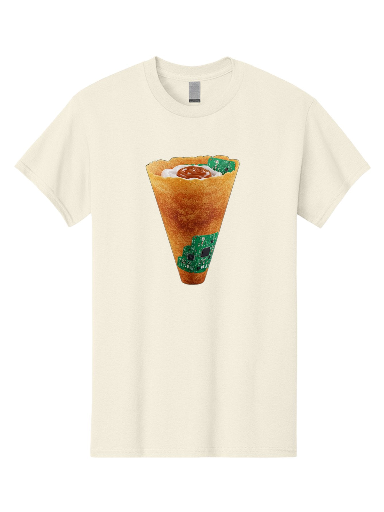 Crepe-Cone-With-Circuit-Board Men'S Graphic Tee, 100% Cotton, Comfortable Casual Summer Wear, Machine Washable, Crepe Cone, Circuit Board Design, Tech-Inspired Dessert, Sweet And Savory Mix, Innovative Food, Futuristic Cuisine, Dessert Art, Baa414 9