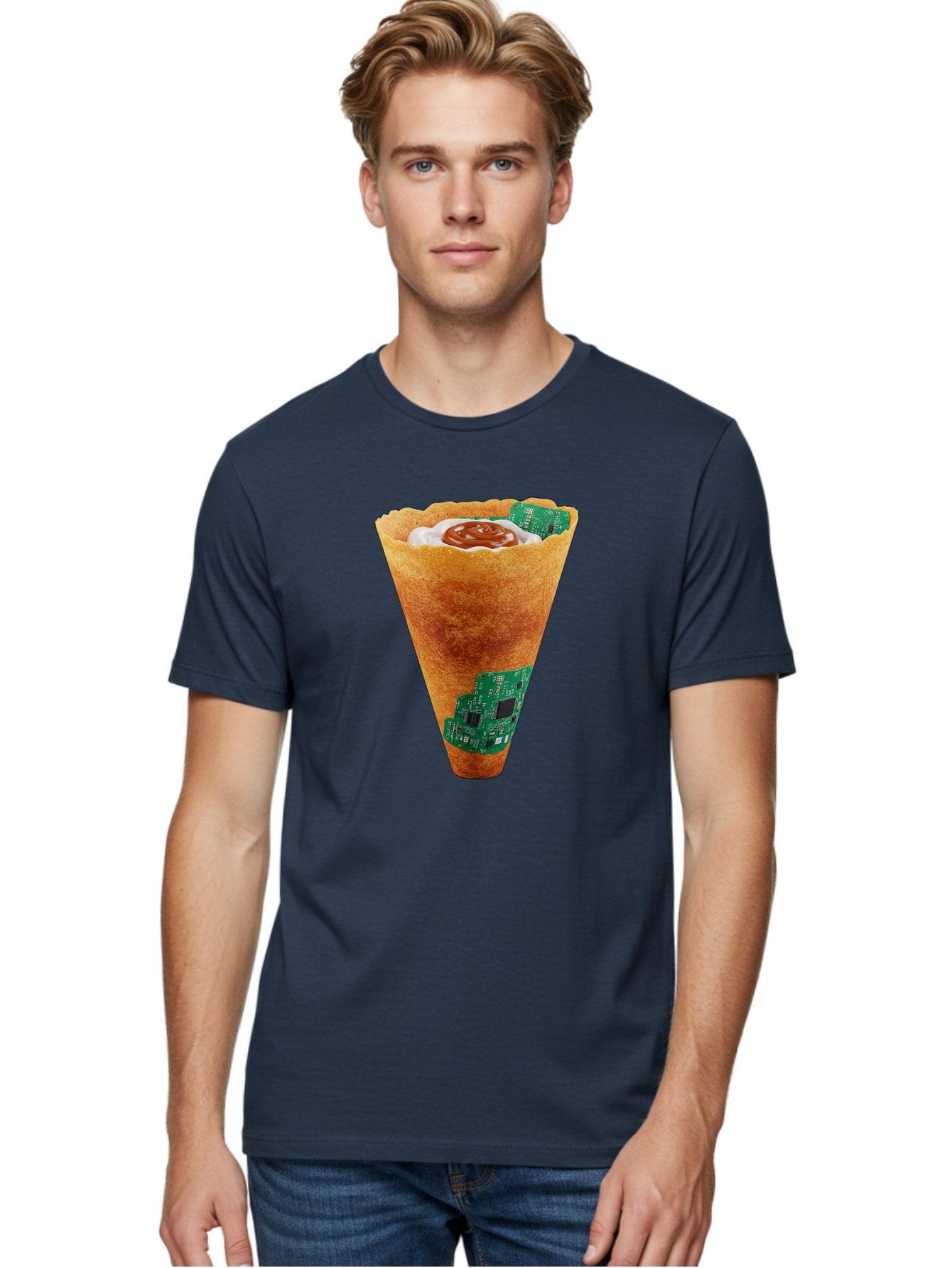 Crepe-Cone-With-Circuit-Board Men'S Graphic Tee, 100% Cotton, Comfortable Casual Summer Wear, Machine Washable, Crepe Cone, Circuit Board Design, Tech-Inspired Dessert, Sweet And Savory Mix, Innovative Food, Futuristic Cuisine, Dessert Art, Baa414 29